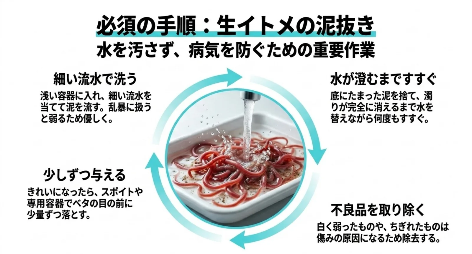 生イトメを流水で洗い水が澄むまですすぐ泥抜きの手順を示した図