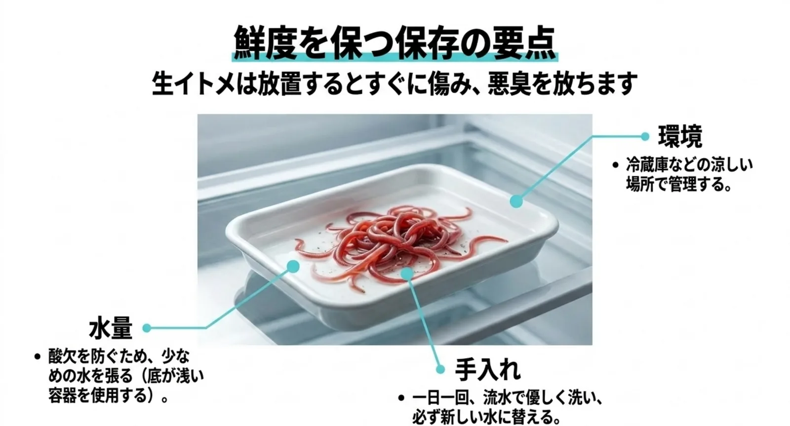 生イトメを浅い容器の少なめの水で冷蔵し毎日洗う保存方法を示した図
