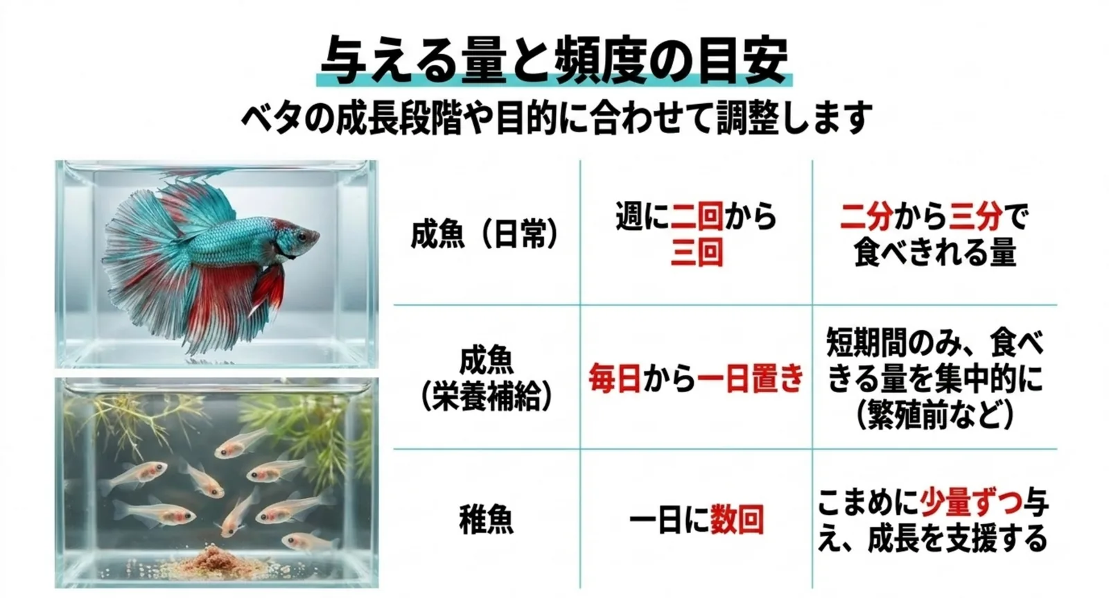 成魚・栄養づけ・稚魚それぞれの与える頻度と量の目安をまとめた表