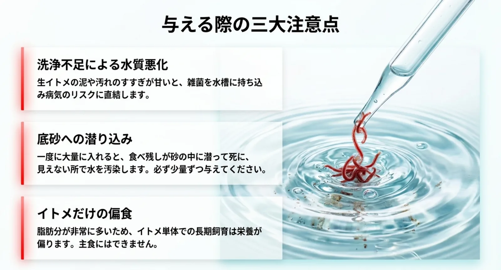 洗浄不足・底砂への潜り込み・偏食というイトメ給餌の注意点を示した図