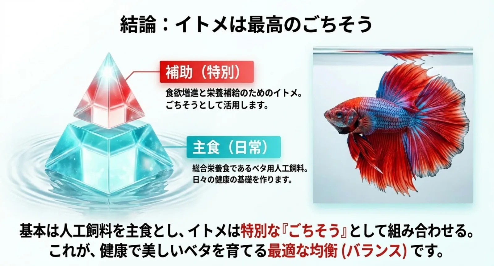 イトメは補助のごちそう・人工飼料を主食にというまとめを示した図