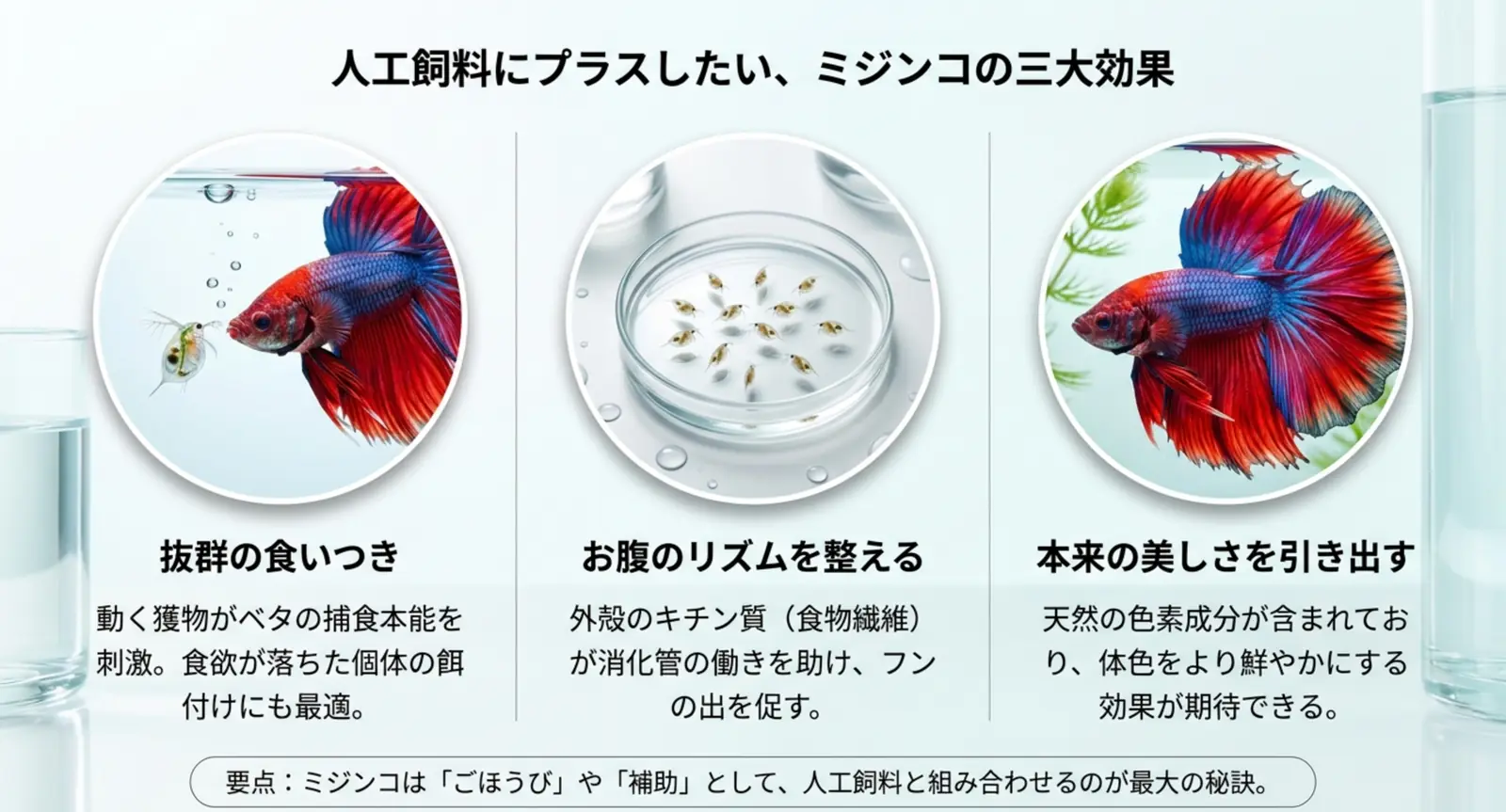 ベタにミジンコを与える3つのメリット（食いつき・消化サポート・色揚げ）をまとめた図