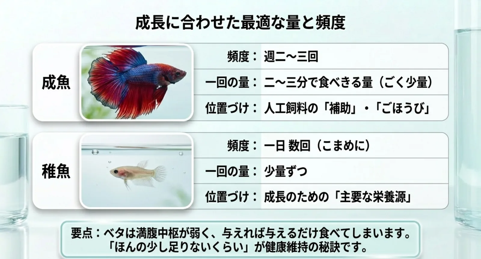 ベタの成魚と稚魚それぞれの与える頻度・量・位置づけをまとめた表