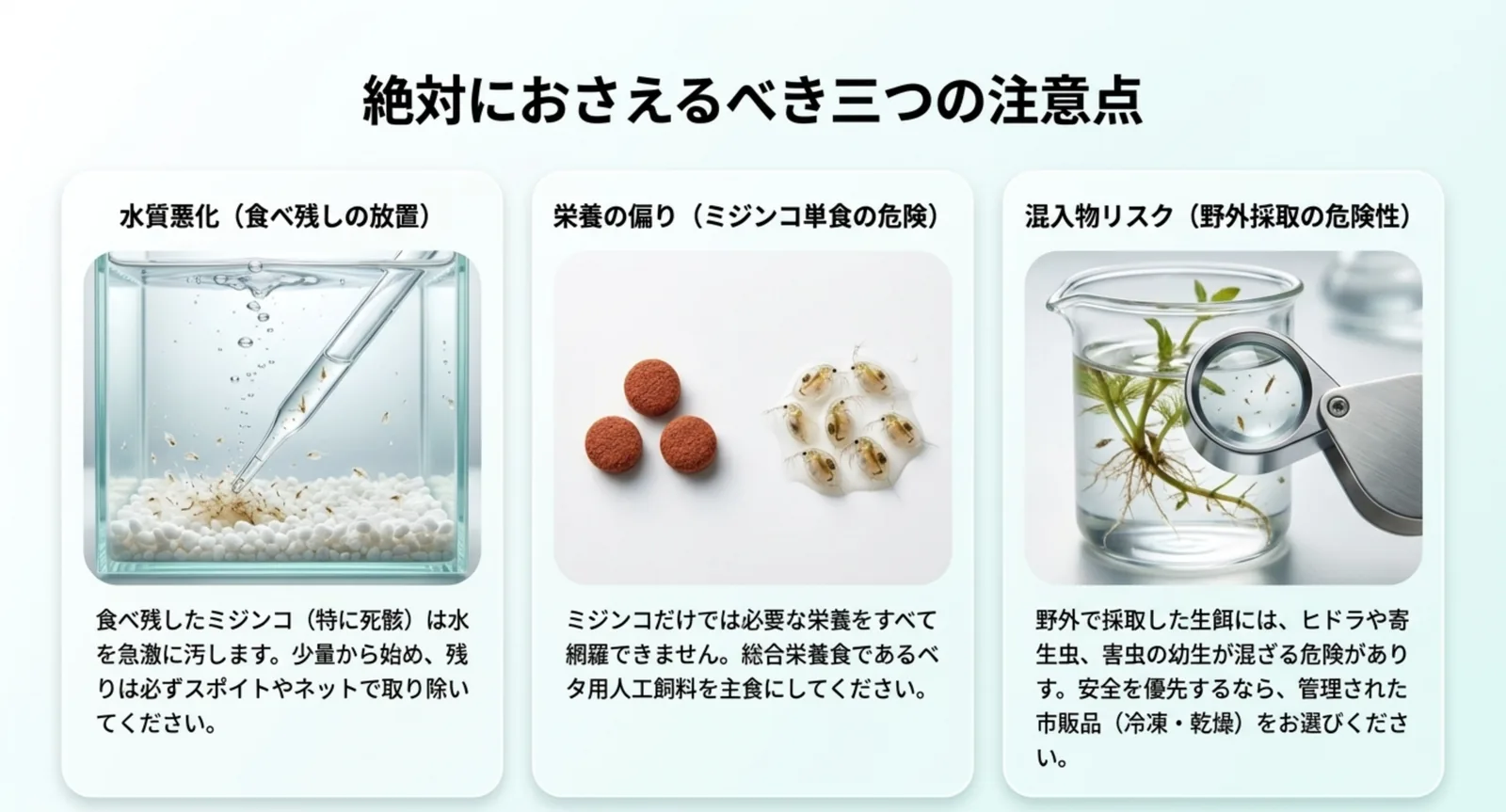 水質悪化・栄養の偏り・混入リスクというミジンコ給餌の注意点を示した図
