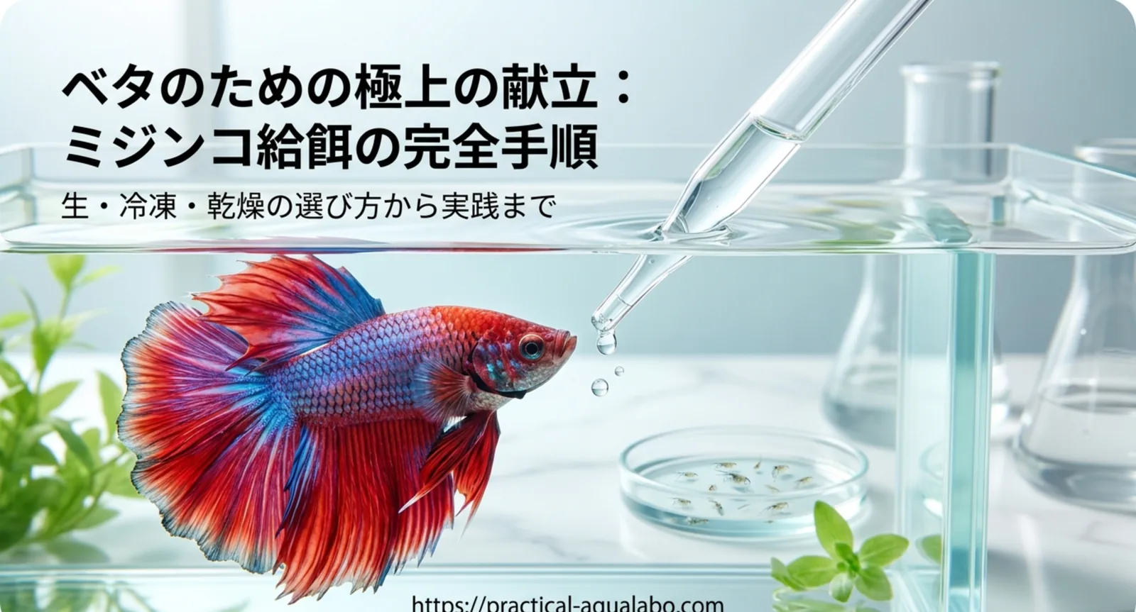 水槽のベタと給餌用のミジンコ、生・冷凍・乾燥の選び方を示すイメージ