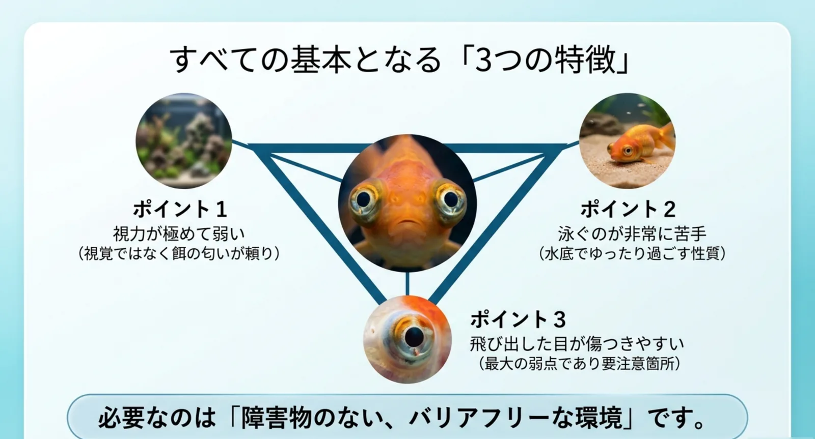 視力が弱い・泳ぎが苦手・目が傷つきやすいという頂天眼の3つの特徴を示した図