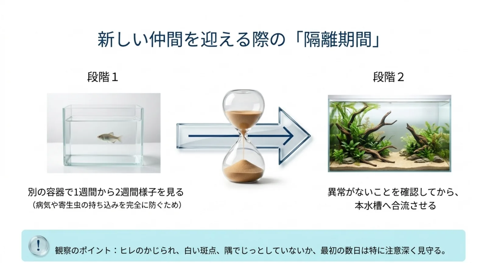 新しい魚を別容器で隔離してから本水槽へ合流させる流れの図