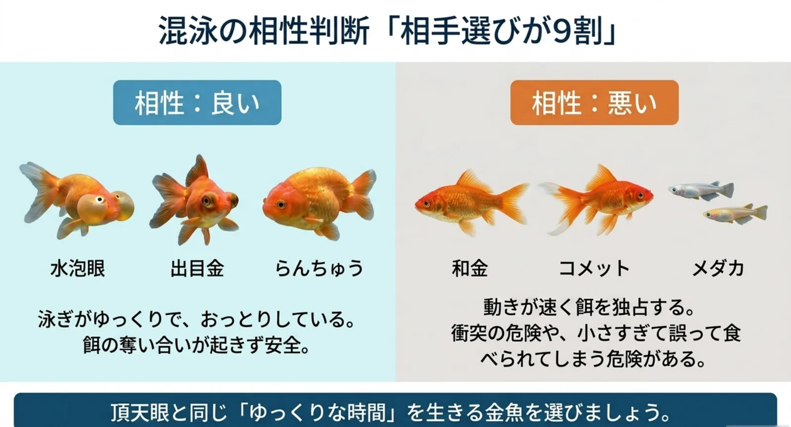 水泡眼や出目金など相性の良い魚と和金など避けたい魚を比べた図