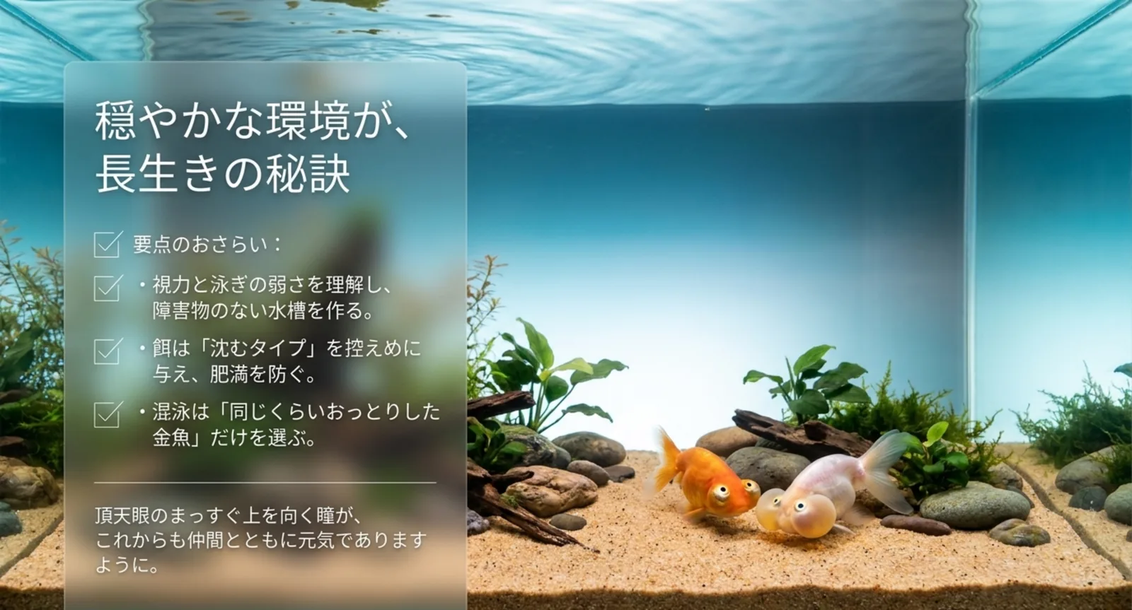 穏やかな水槽で泳ぐ頂天眼たちと飼育の要点まとめ