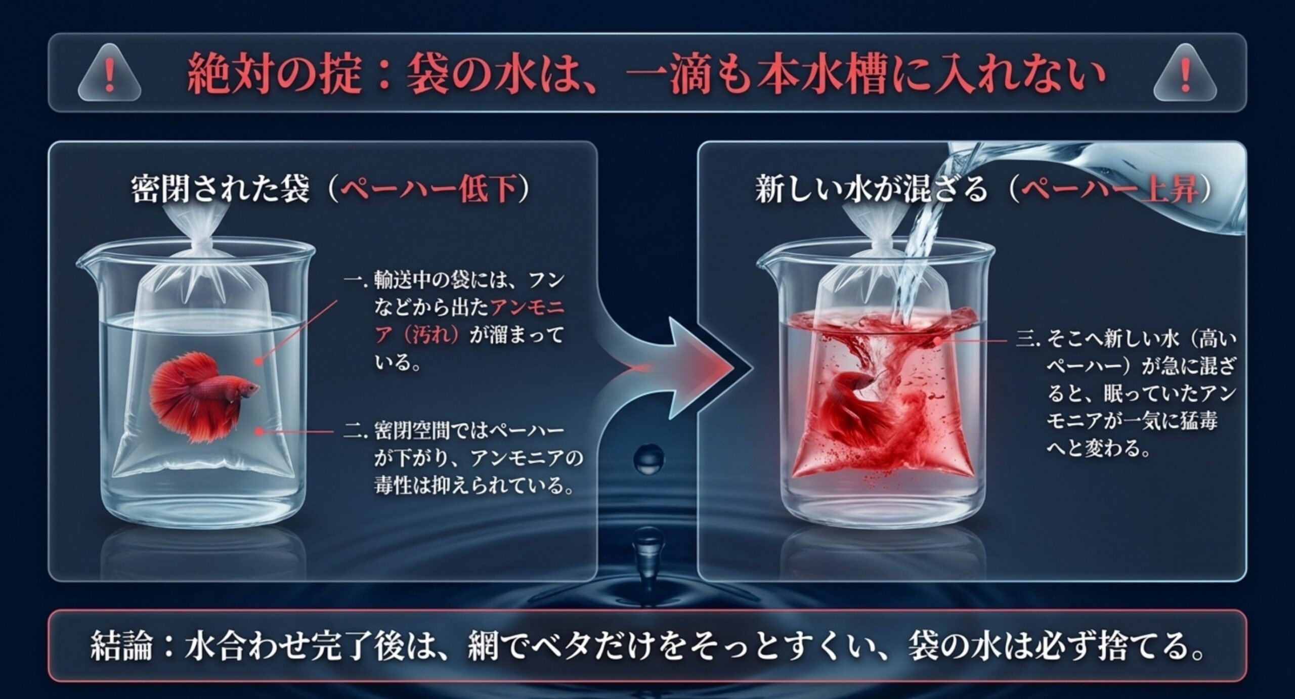 密閉された袋と新しい水を混ぜたときのアンモニア毒性の変化をビーカーで比較したスライド