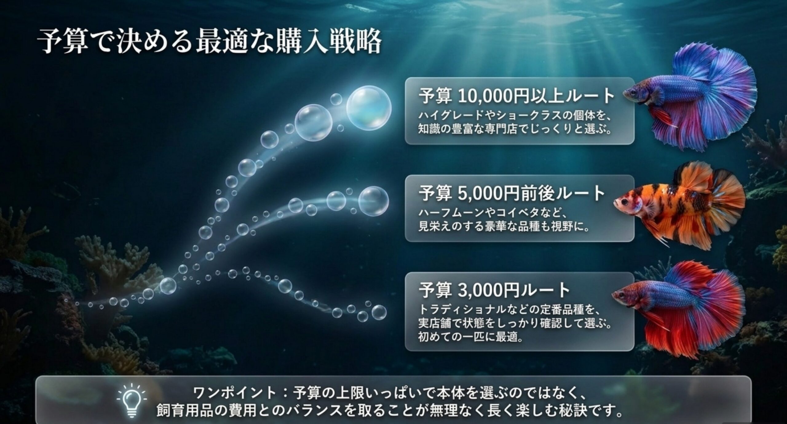 予算3,000円・5,000円前後・1万円以上それぞれに合わせたベタの選び方の目安を分岐で示したスライド