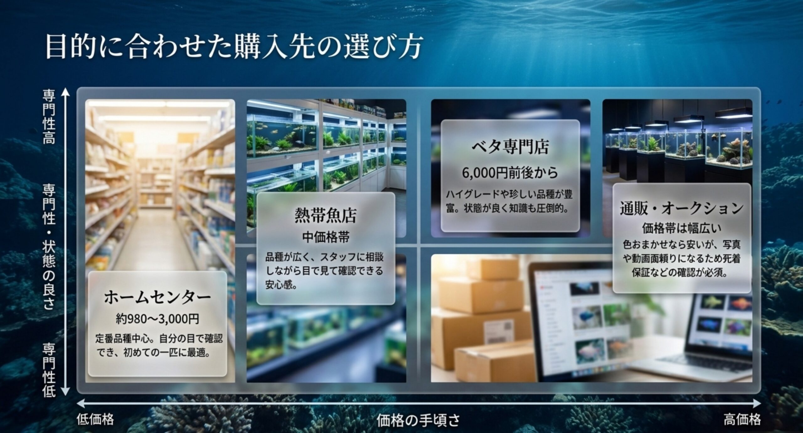 ホームセンター・熱帯魚店・ベタ専門店・通販やオークションの価格帯と専門性の高さを比較した、購入先選びのスライド