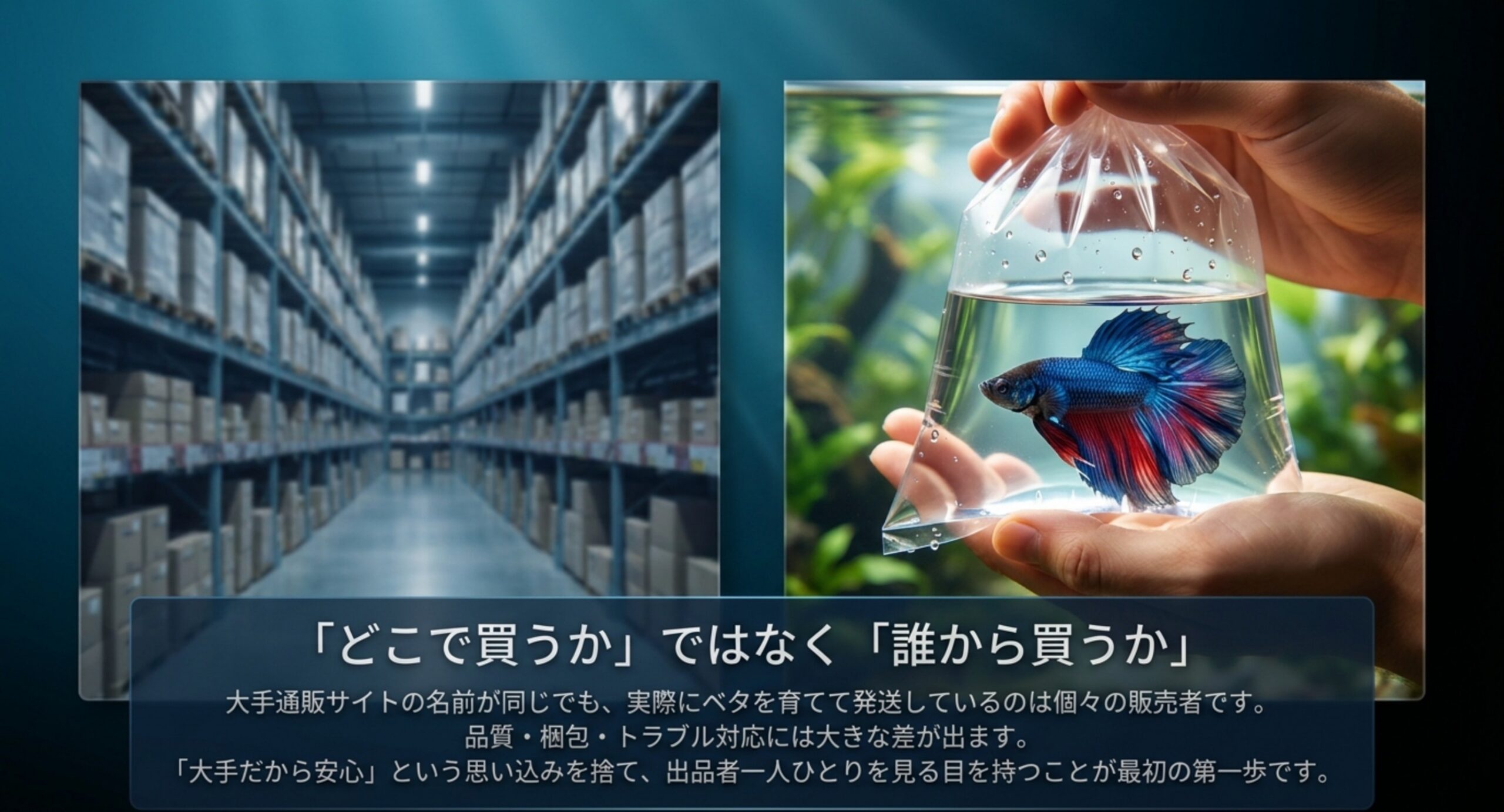 倉庫の棚と袋に入ったベタの写真を並べ、どこで買うかではなく誰から買うかが大切だと説明するスライド
