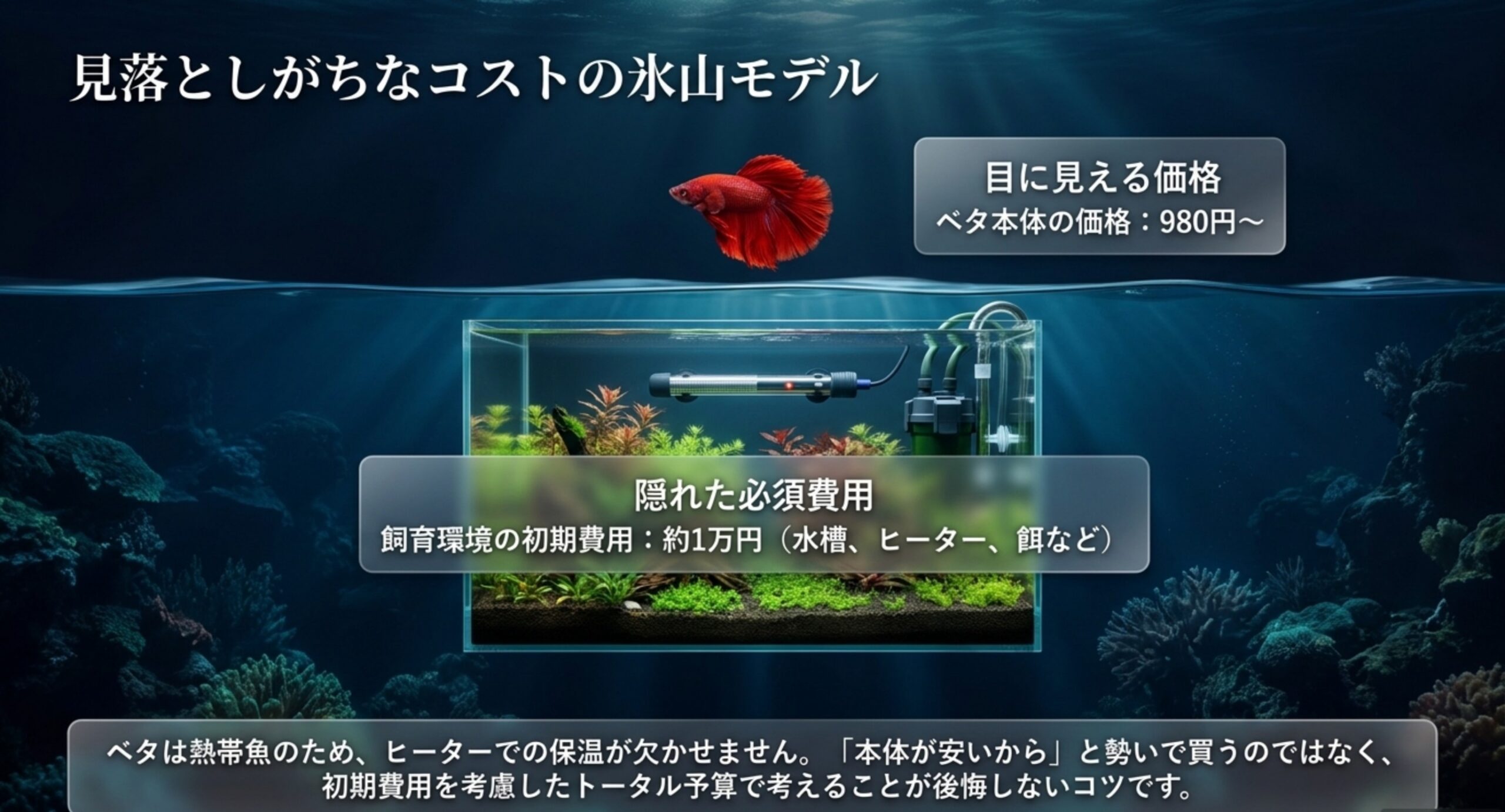 目に見える本体価格と、水槽やヒーターなど約1万円かかる初期費用を氷山にたとえて示したスライド