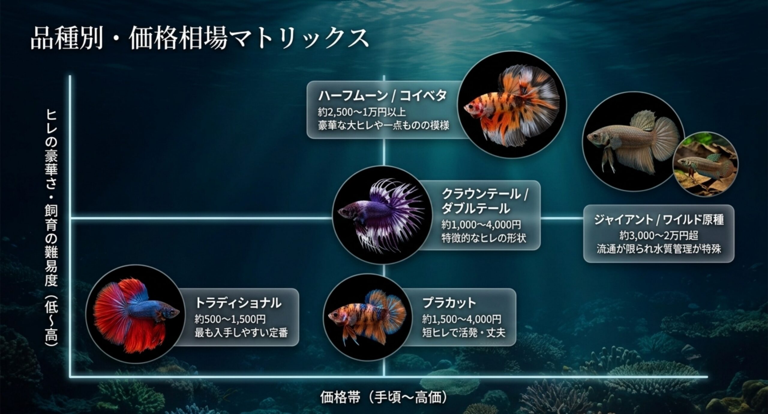 トラディショナルやプラカット、ハーフムーン、コイベタ、ジャイアント、ワイルド種など品種ごとの価格相場を、手頃さとヒレの華やかさの軸で配置した図のスライド