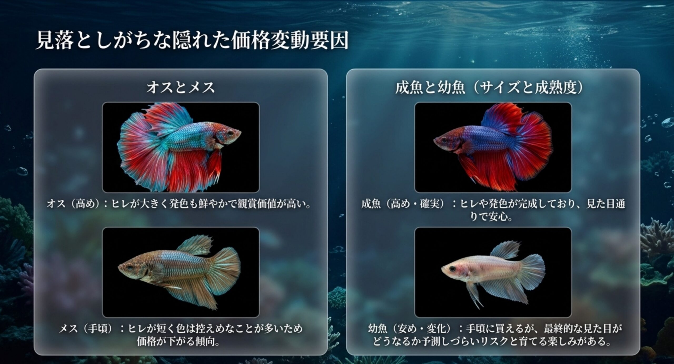 オスとメス、成魚と幼魚それぞれの見た目と価格傾向の違いを写真付きで比較したスライド