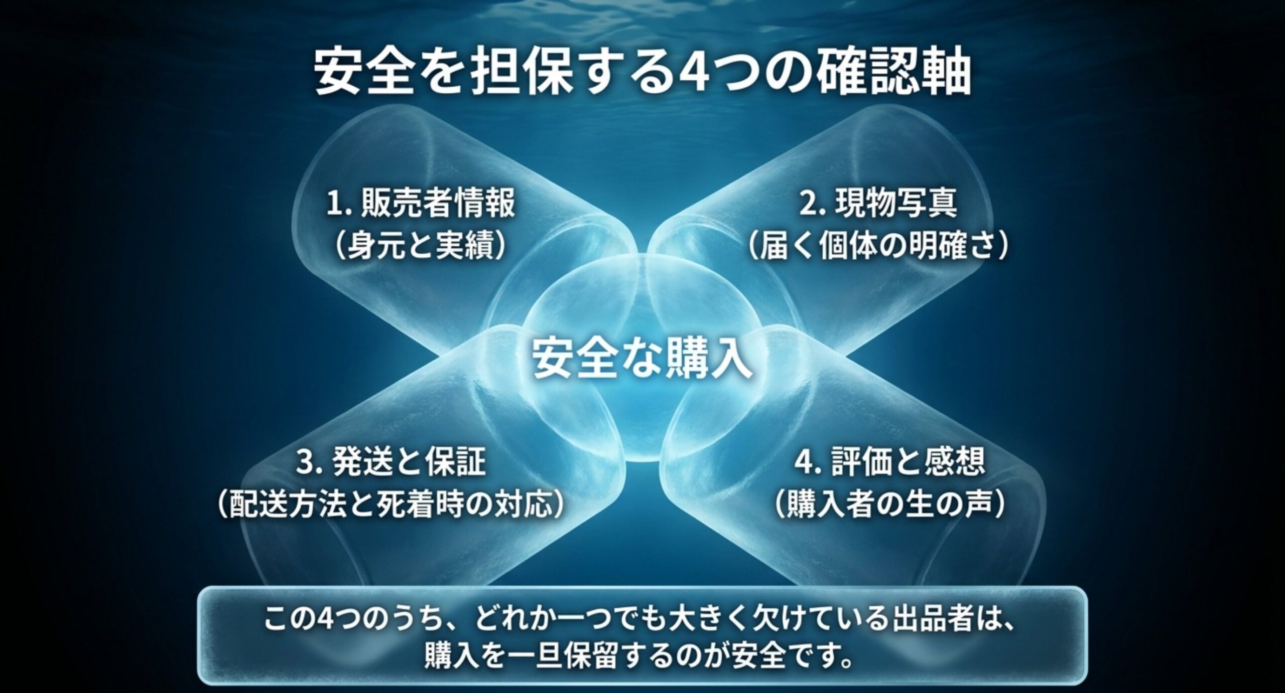 販売者情報・現物写真・発送と保証・評価と感想という、ベタを安全に買うための4つのチェック軸を示したスライド