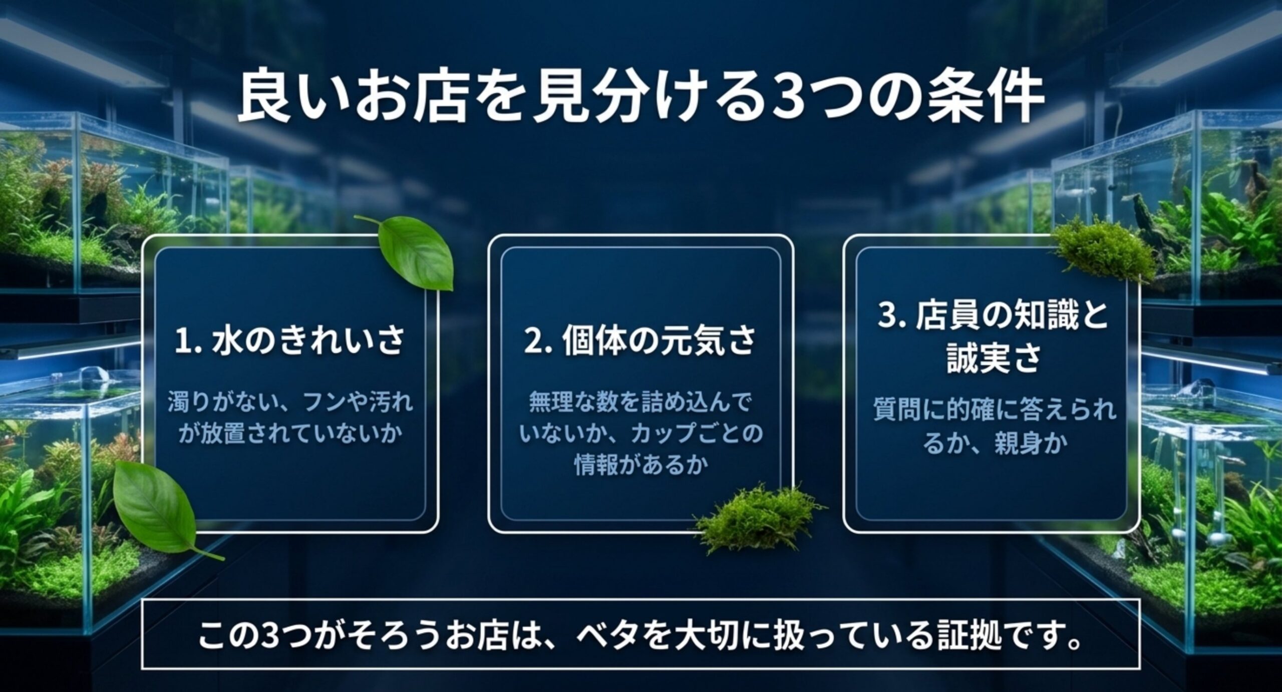 水のきれいさ・個体の元気さ・店員の知識と誠実さという良い店を見分ける3条件を示したスライド