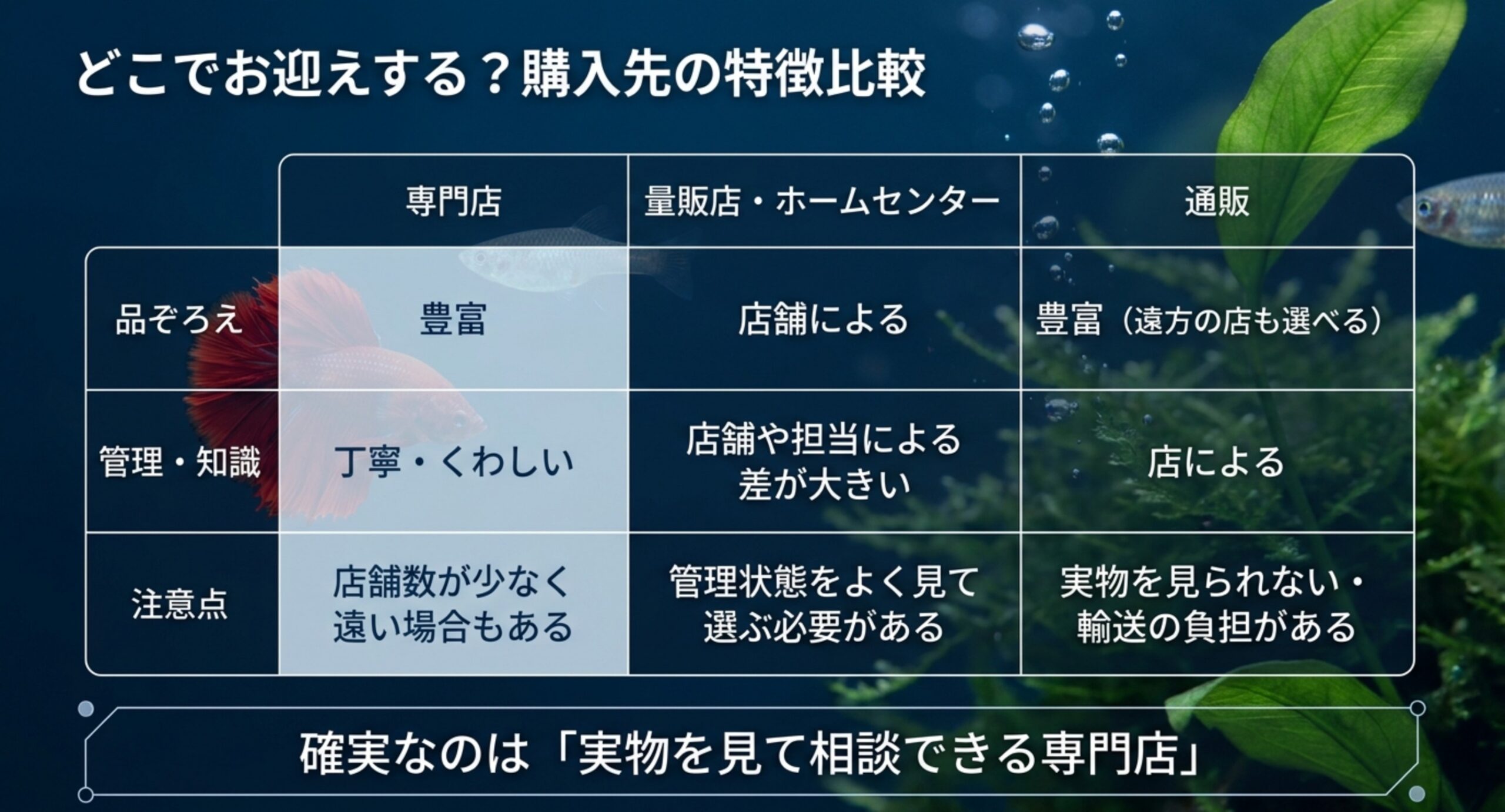 専門店・量販店・通販の品ぞろえや管理・知識・注意点を比較した購入先選びの表のスライド