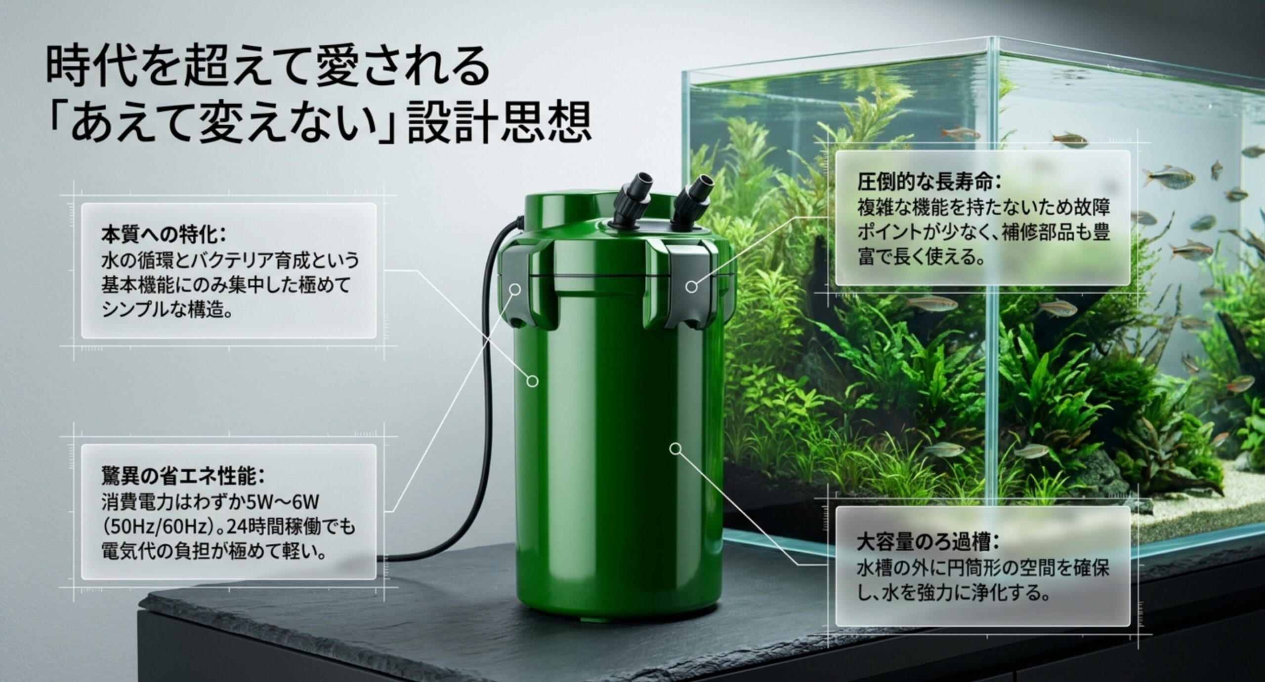 緑色のエーハイム クラシック2213本体と水草水槽、省エネ・長寿命・大容量ろ過などの特徴を示した図