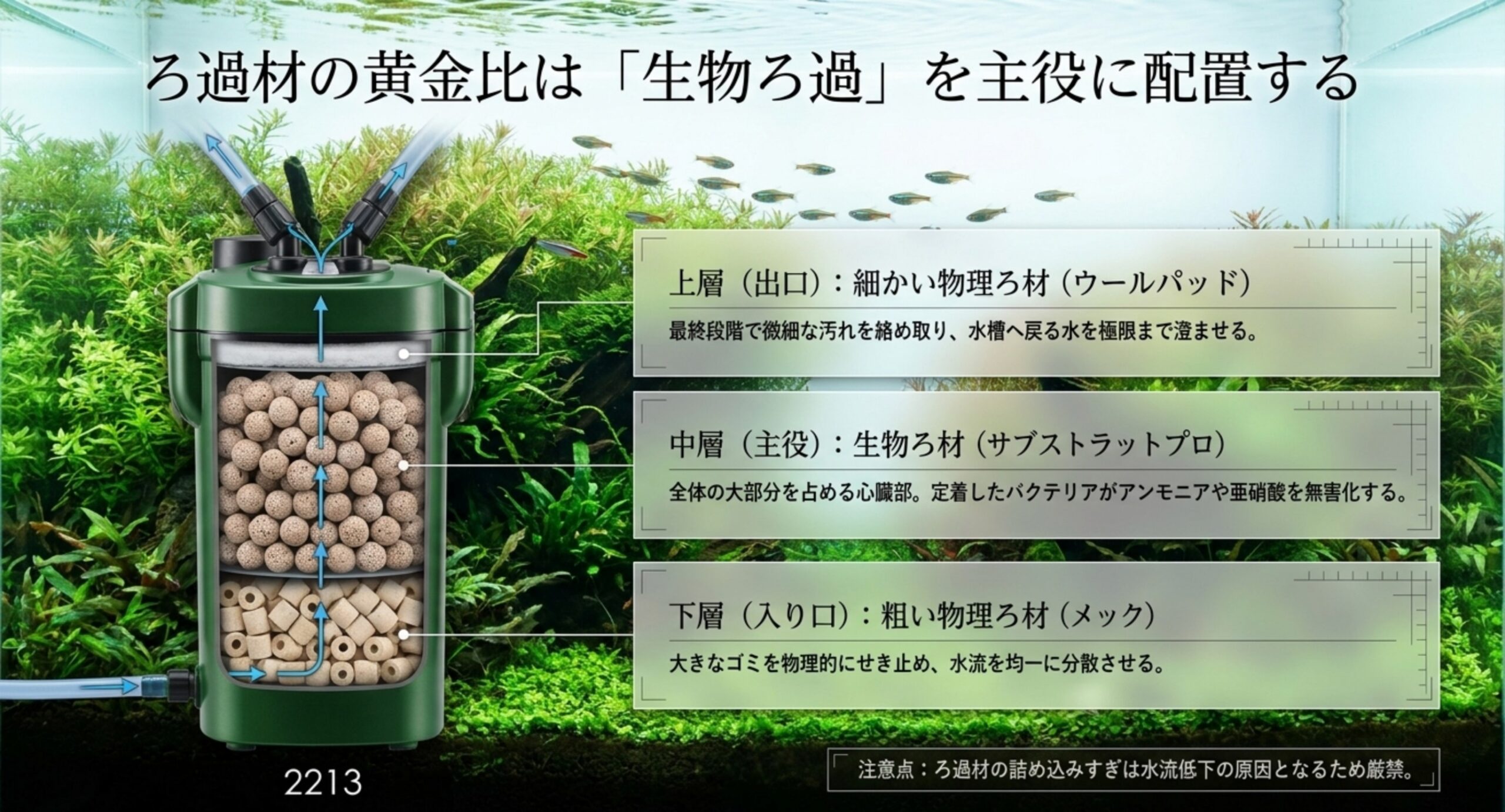 2213のろ過槽内のろ材配置を下層メック・中層サブストラットプロ・上層ウールパッドで示した断面図