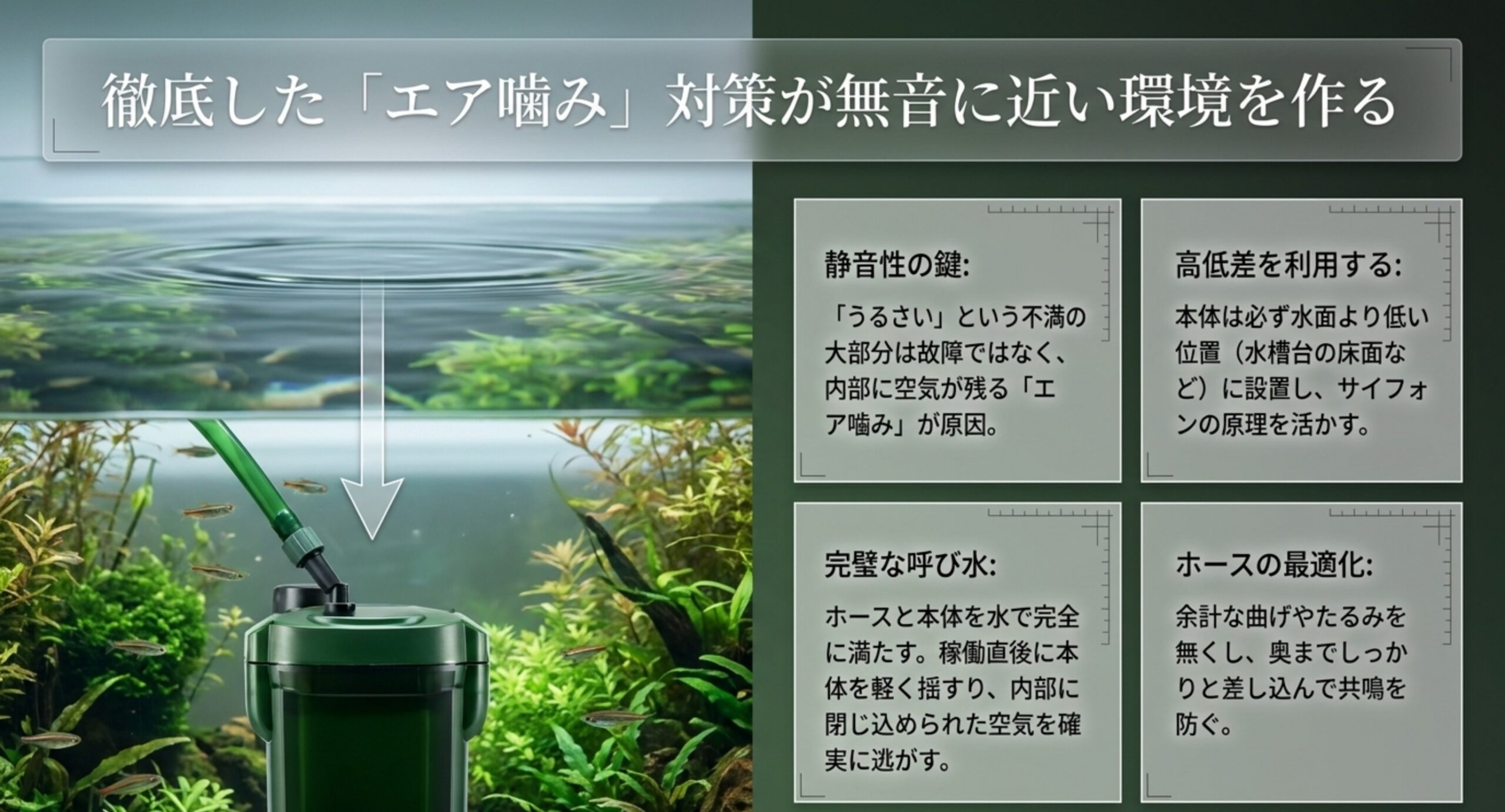水中の排水パイプとエア噛み対策・呼び水・ホース最適化のポイントを示した解説図