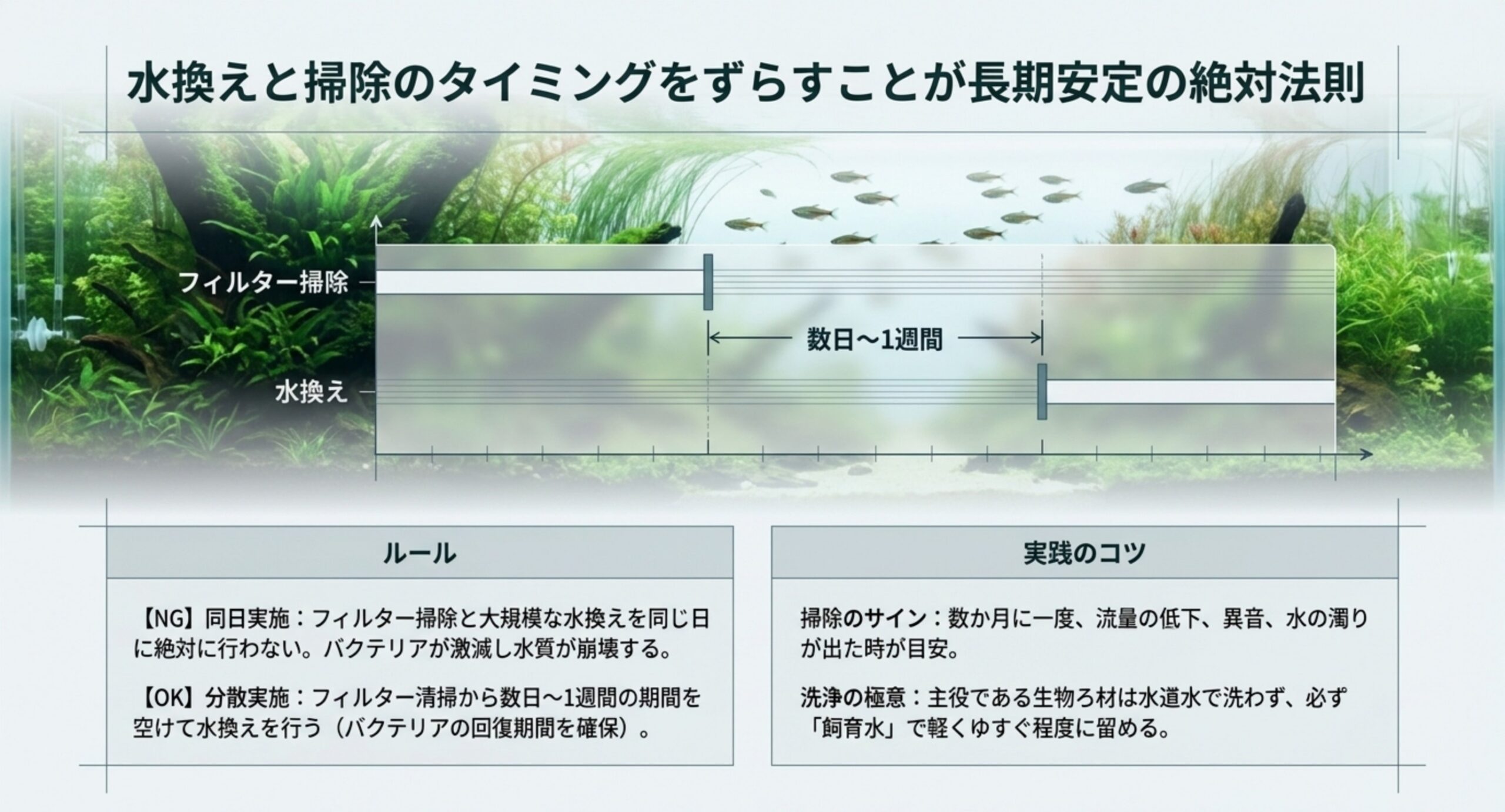 フィルター掃除と水換えを数日から1週間ずらして長期安定を保つスケジュール図