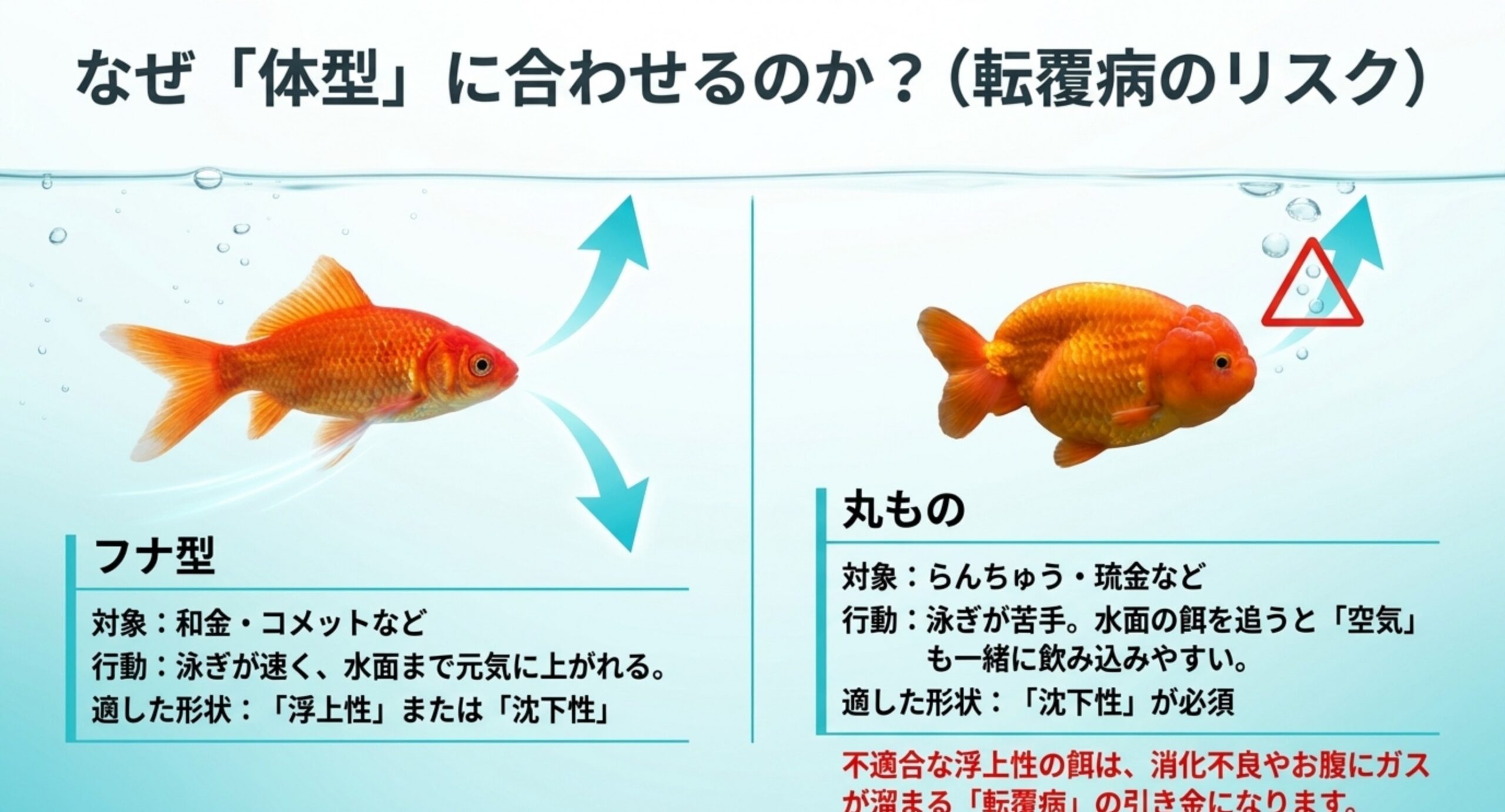 フナ型と丸ものの金魚で適した浮性タイプが異なり、丸ものに浮上性の餌が転覆病のリスクになることを比較したスライド