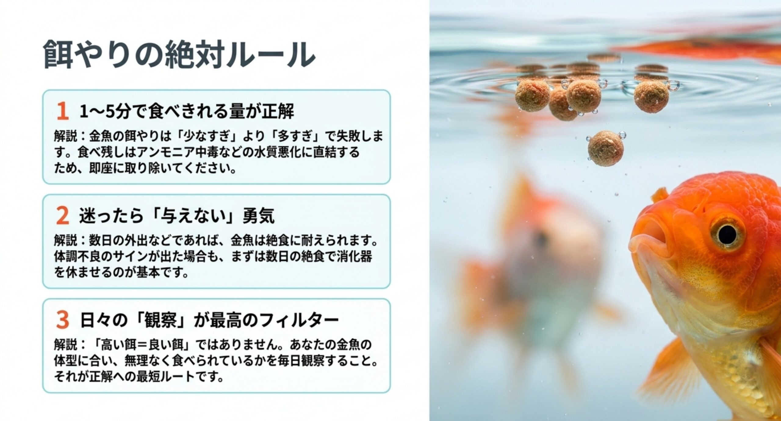 食べきれる量・与えない勇気・観察の大切さという餌やりの3つの基本ルールを金魚の写真とともにまとめたスライド