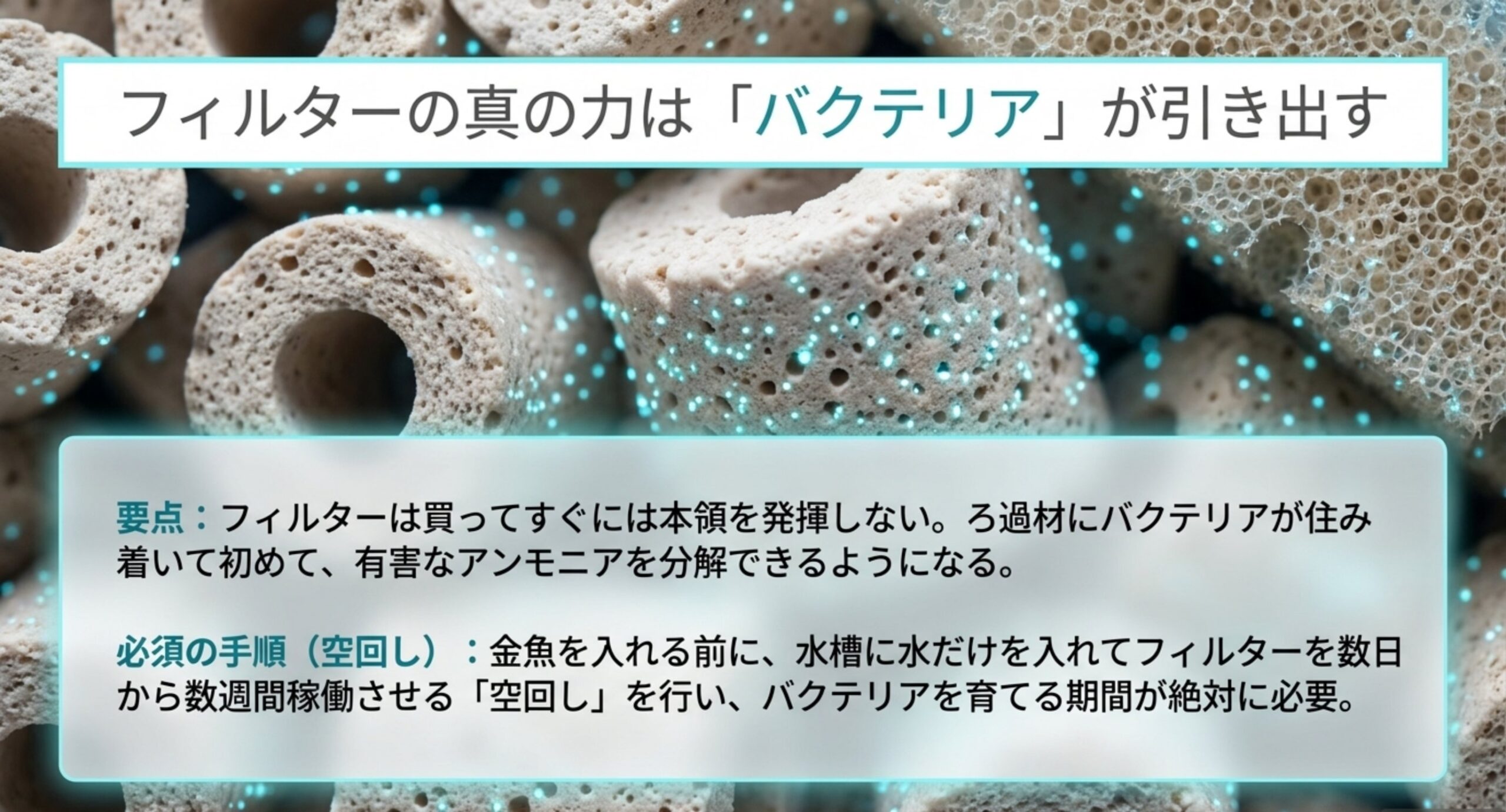 ろ材の表面にバクテリアが定着し、空回しで生物ろ過を育てる大切さを示したスライド