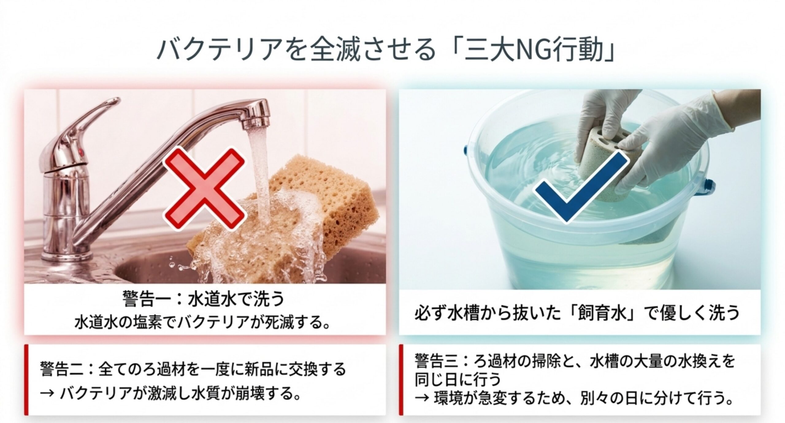 水道水で洗う・全ろ材を一度に交換する・掃除と水換えを同日に行うというNG行動を示したスライド