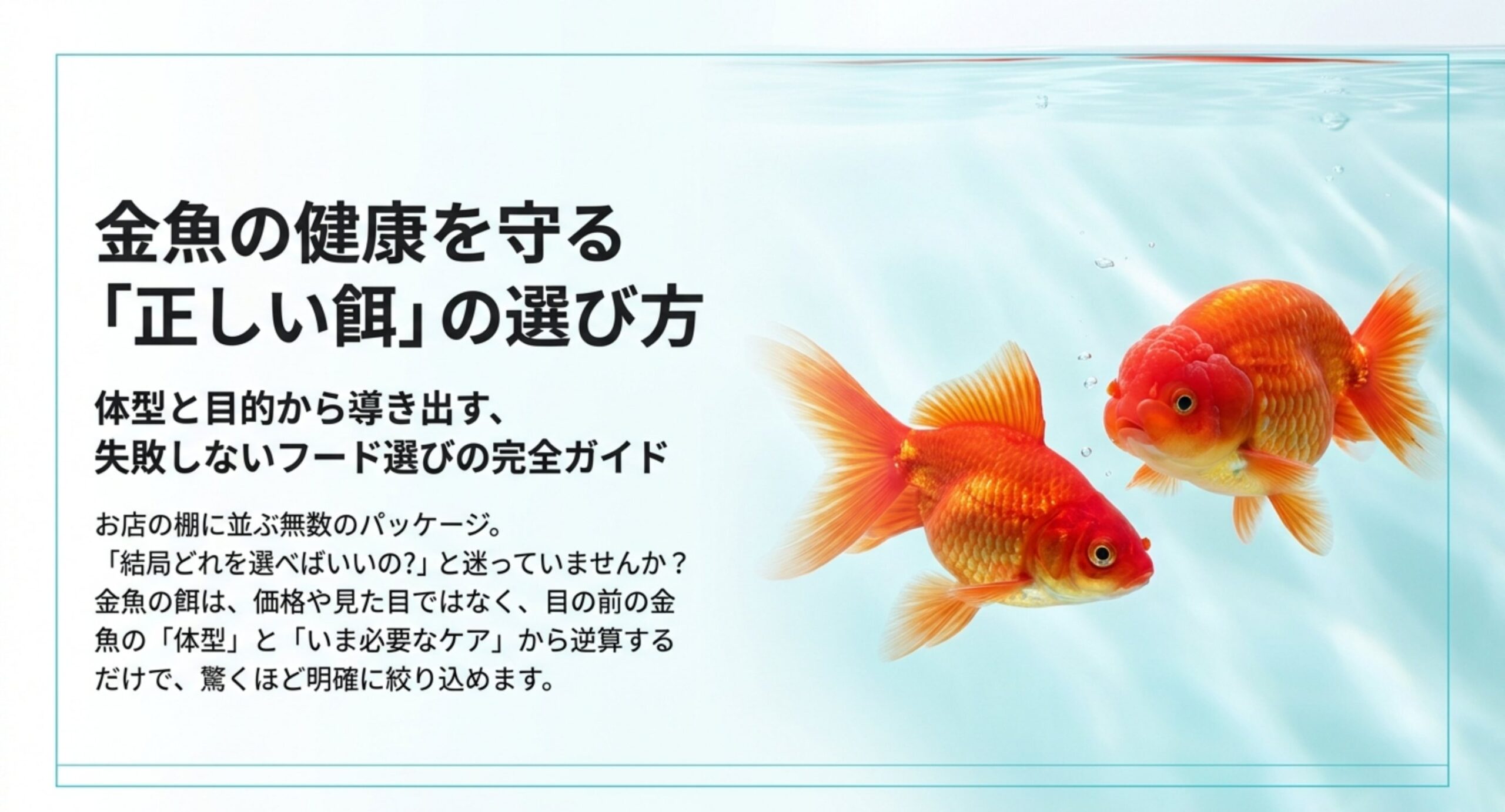 体型と目的から金魚の餌を選ぶことを示す、2匹の金魚が泳ぐ記事表紙のスライド