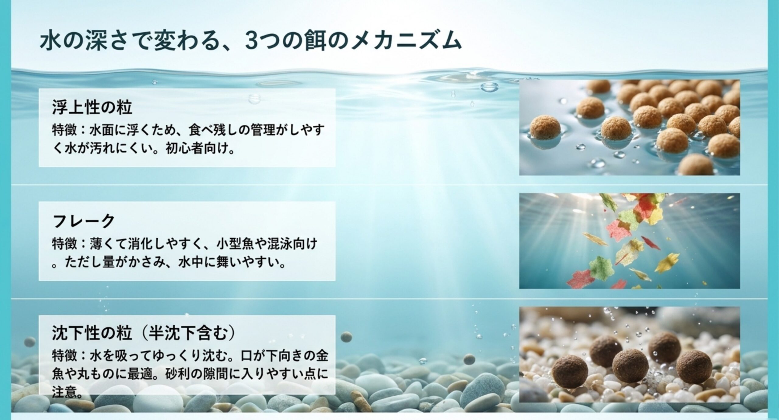 浮上性の粒・フレーク・沈下性の粒という3つの餌タイプの特徴を水中のイメージで比較したスライド