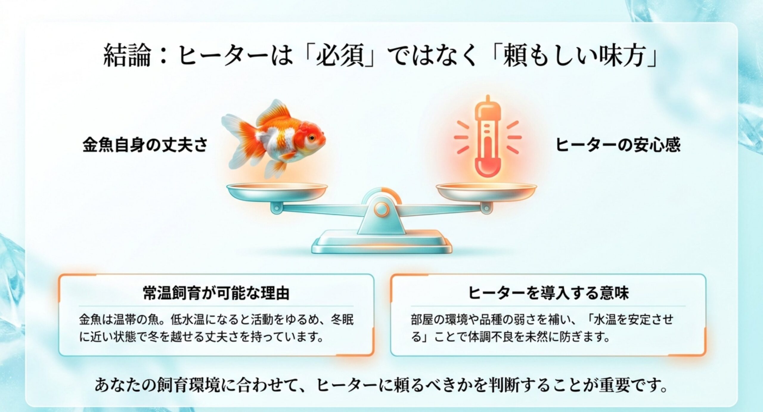 金魚自身の丈夫さとヒーターの安心感を天秤で比べ導入を判断する考え方を示したスライド