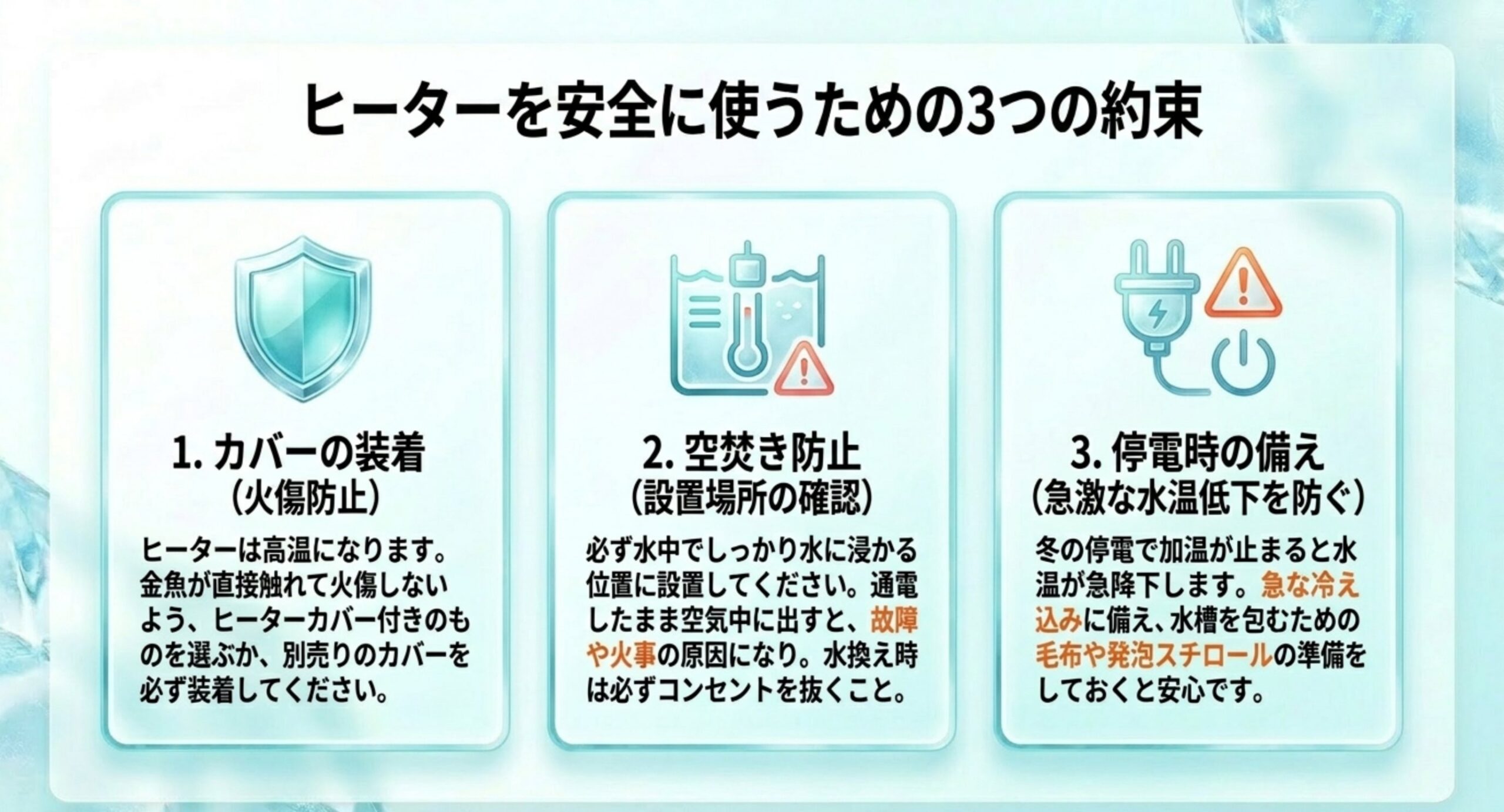 ヒーターカバー・空焚き防止・停電時の備えという安全に使うための3つの要点を示したスライド