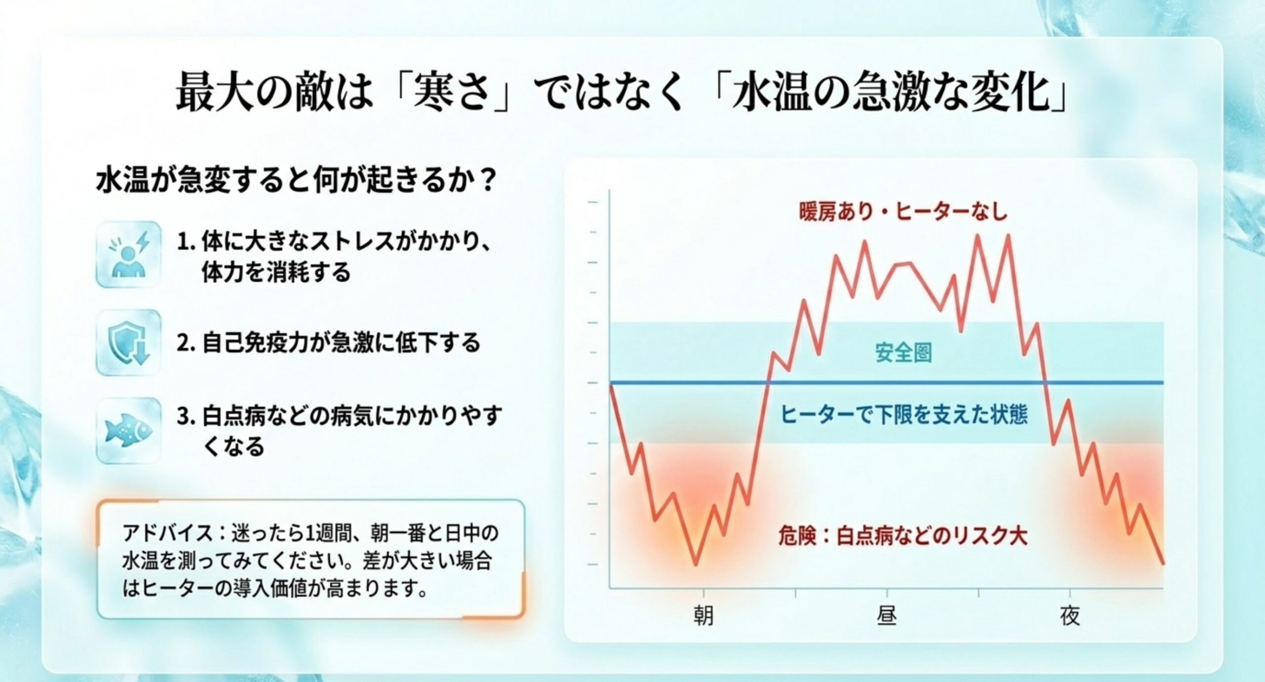 水温の急変がストレス・免疫低下・白点病を招くことと一日の水温変化を示したスライド