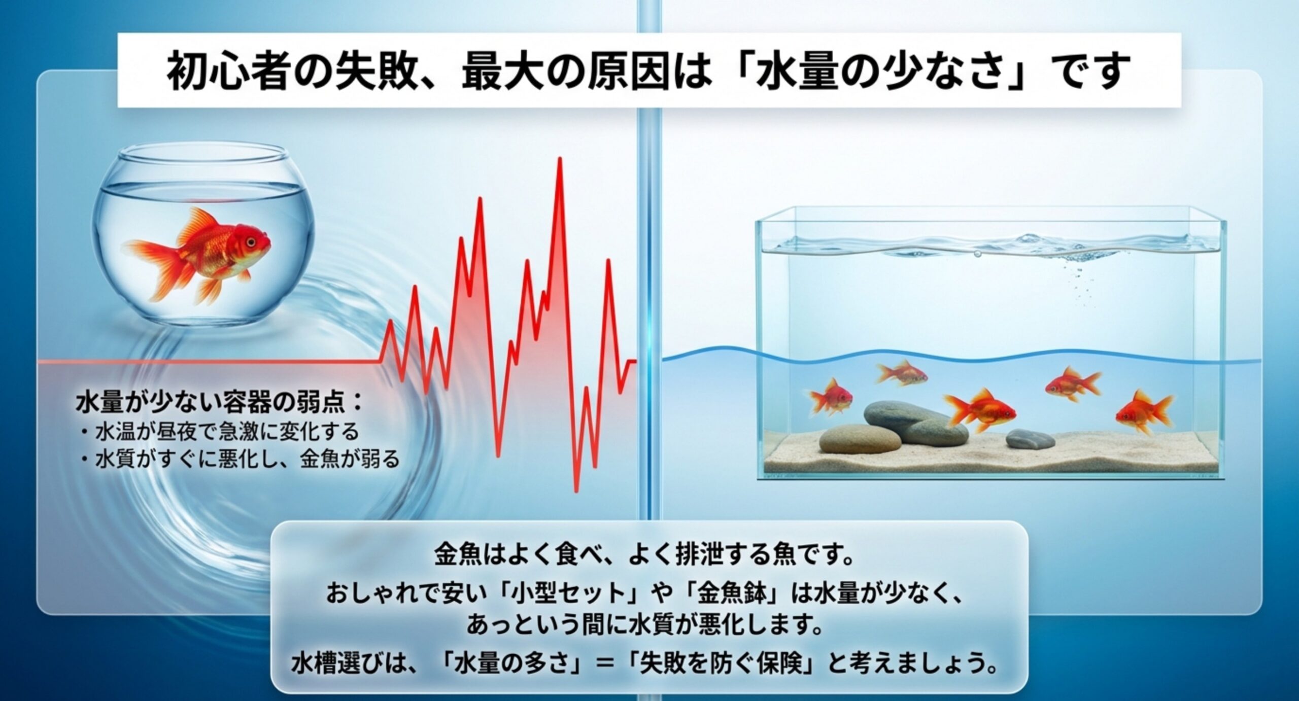 水量の少ない金魚鉢と余裕のある水槽を比べ、水質悪化の弱点を示したスライド