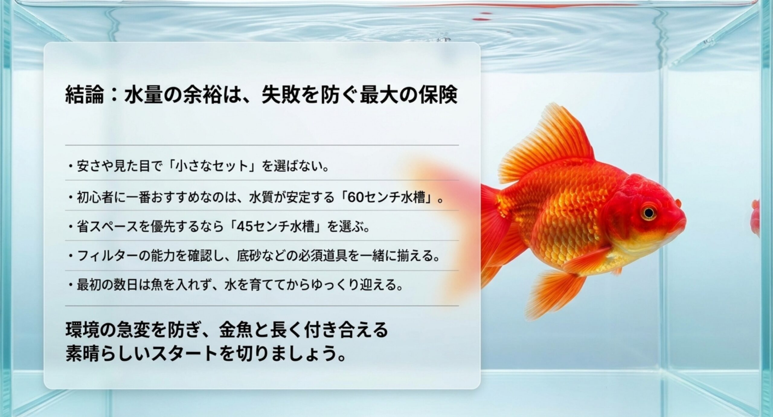 金魚の写真とともに、水量に余裕を持たせる選び方の要点をまとめた結論スライド