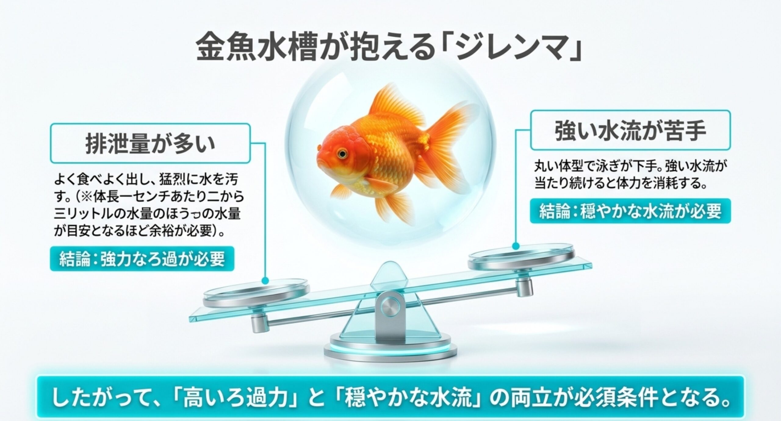 排泄量が多く強い水流が苦手という金魚の特徴を天秤で表したジレンマのスライド