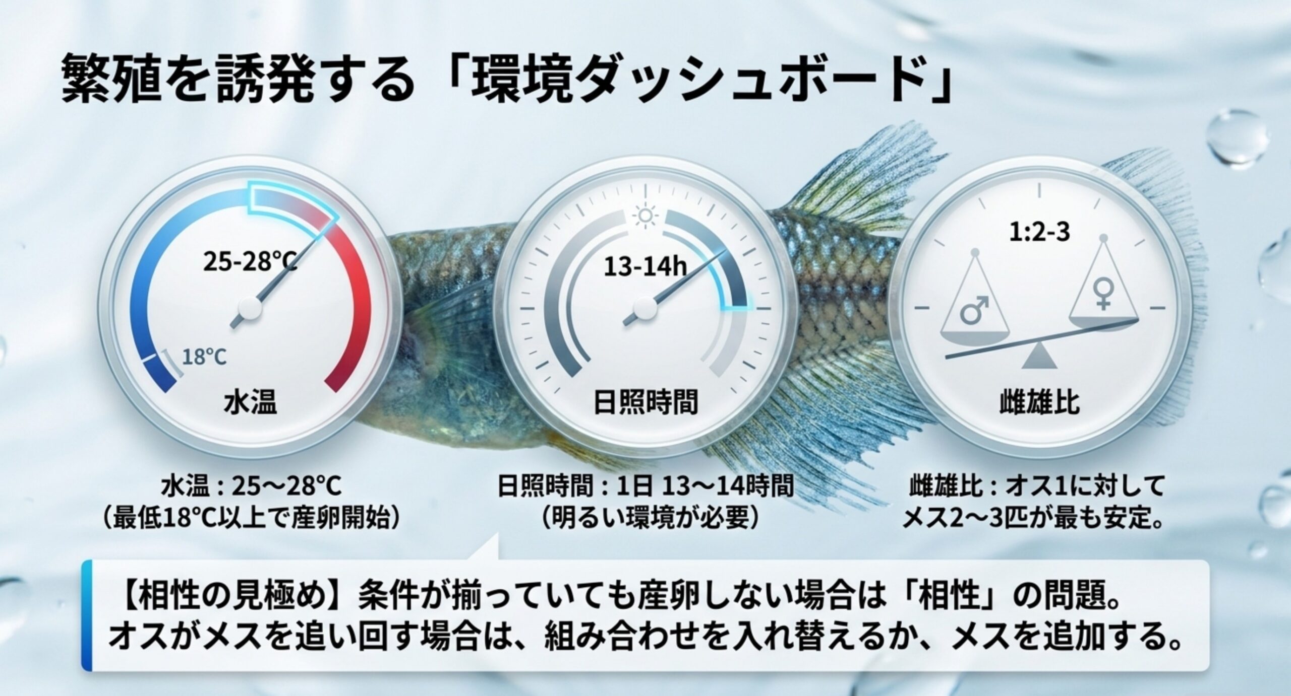 産卵に必要な水温25〜28度・日照13〜14時間・雌雄比オス1対メス2〜3をメーターで示したスライド