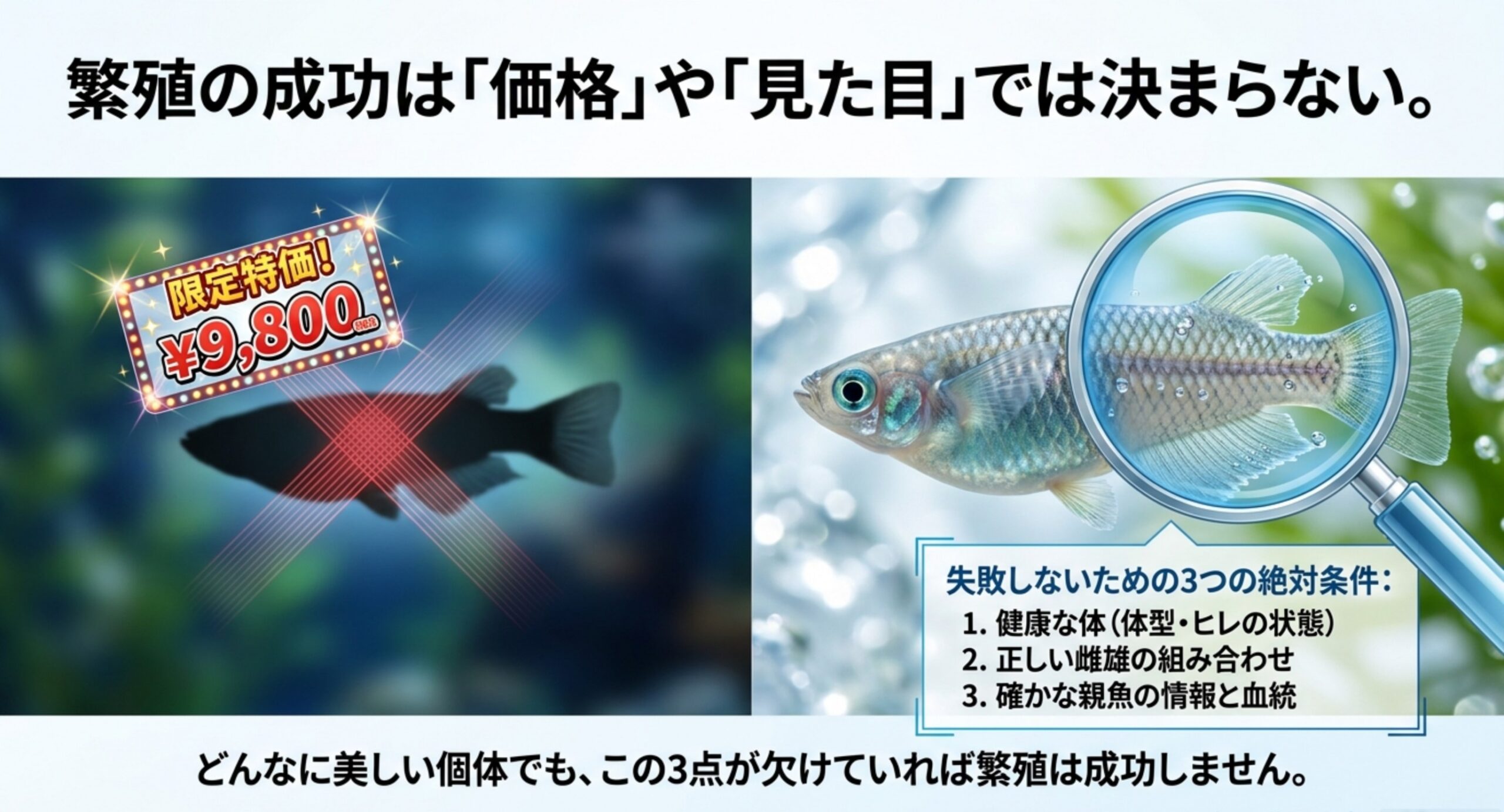 価格や見た目より健康な体・正しい雌雄の組み合わせ・親魚の血統情報を優先すべきと示したスライド