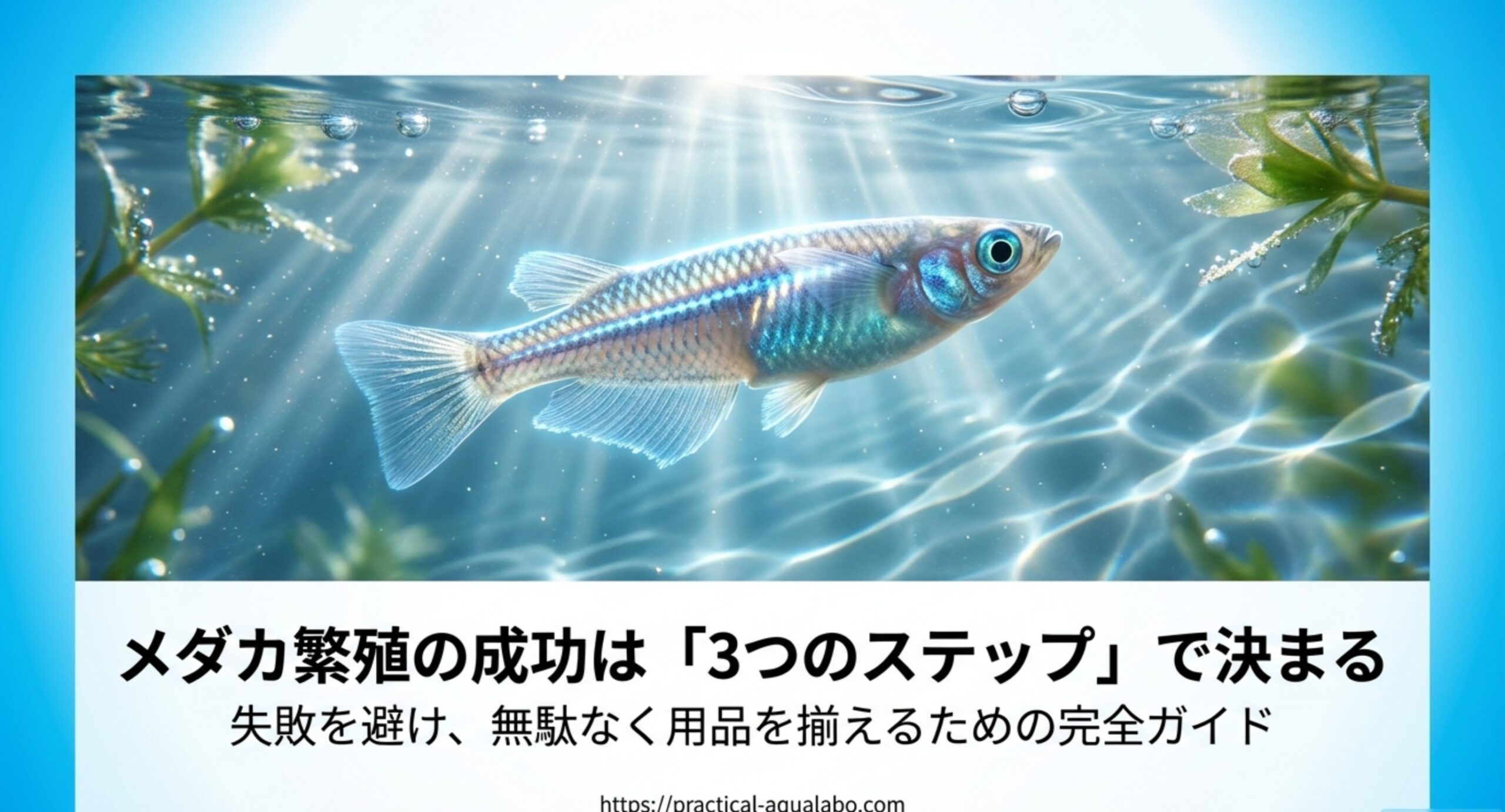 水中を泳ぐメダカの写真に「メダカ繁殖の成功は3つのステップで決まる」と書かれた表紙スライド