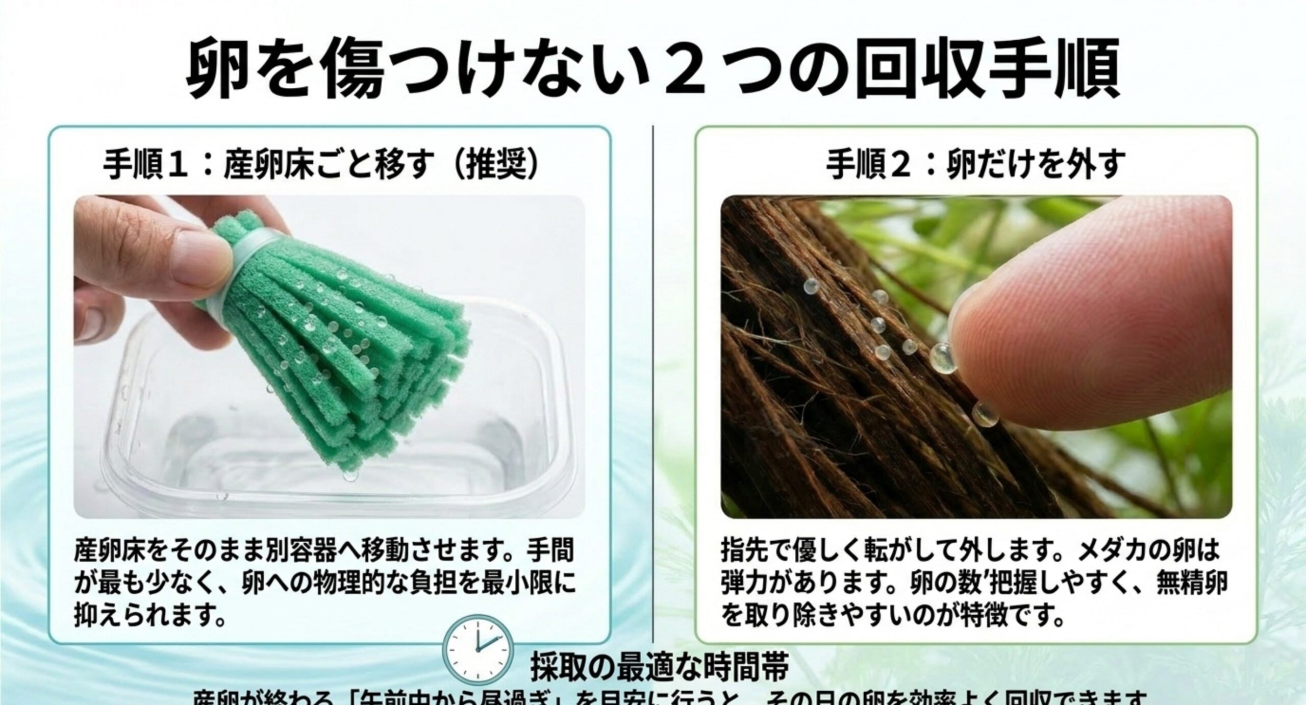 産卵床ごと別容器へ移す方法と卵だけを指で外す方法の2つの回収手順を示したスライド