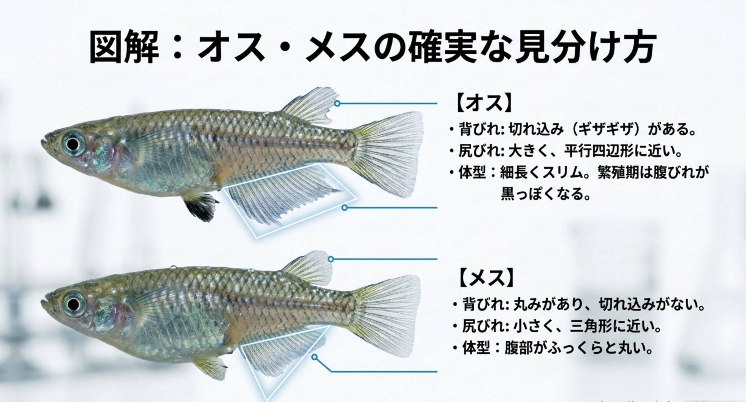 オスとメスの背びれ・尻びれ・体型の違いを2匹のメダカで図解したスライド