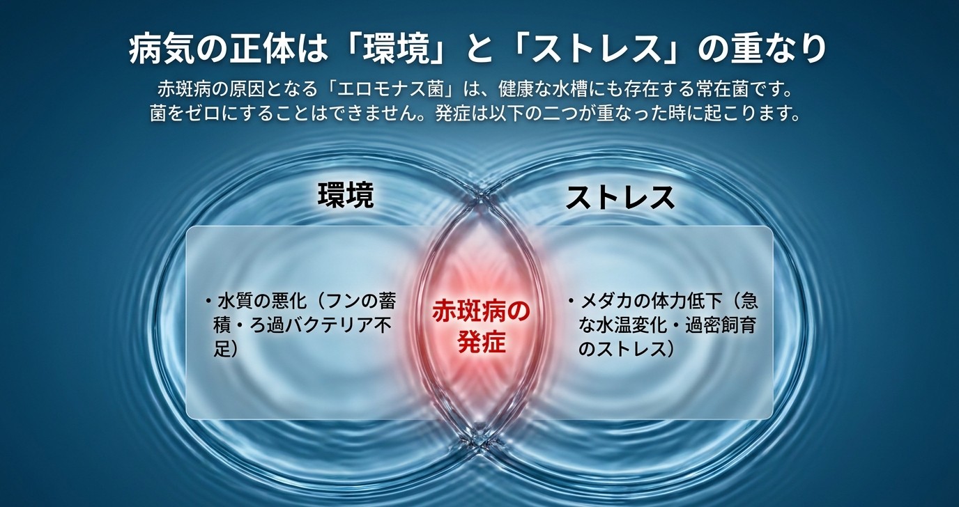 水質悪化とメダカのストレスが重なって赤斑病が発症する仕組みを示す図