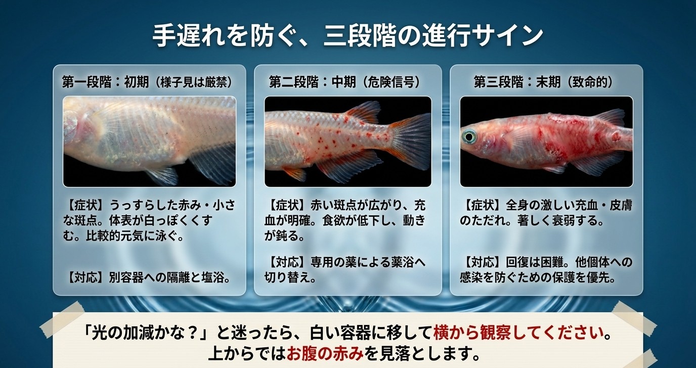 赤斑病の初期・中期・末期の症状と対応を写真付きで比較した図