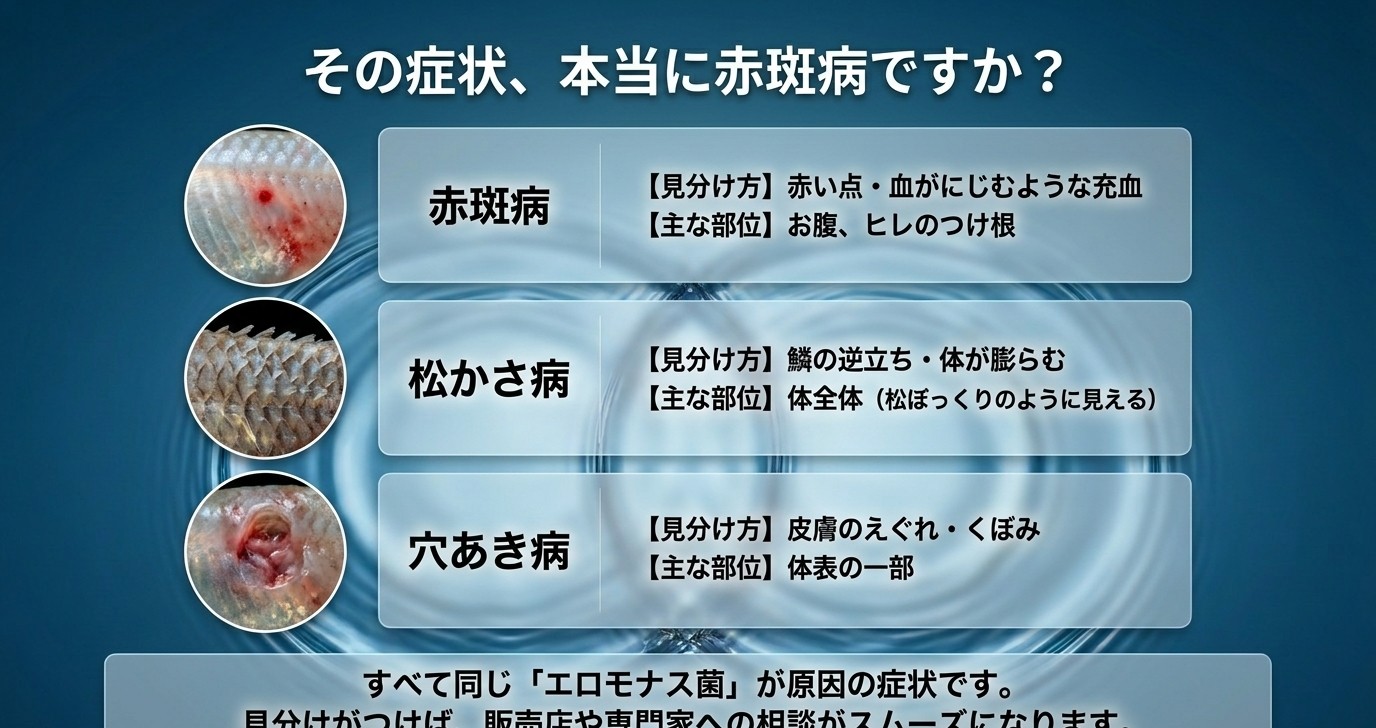 赤斑病・松かさ病・穴あき病の見分け方と主な部位を比較した図
