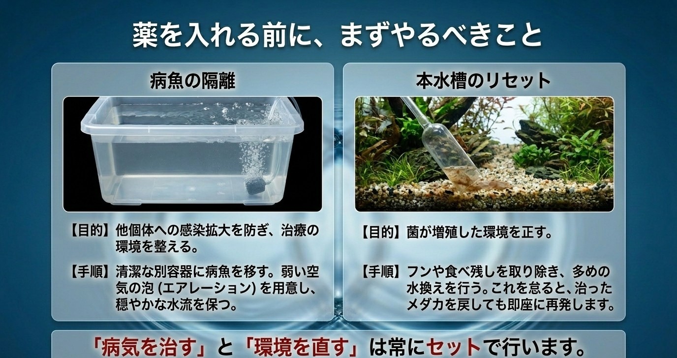 病魚の隔離と本水槽の水換え・掃除という赤斑病治療の最初の手順を示す図