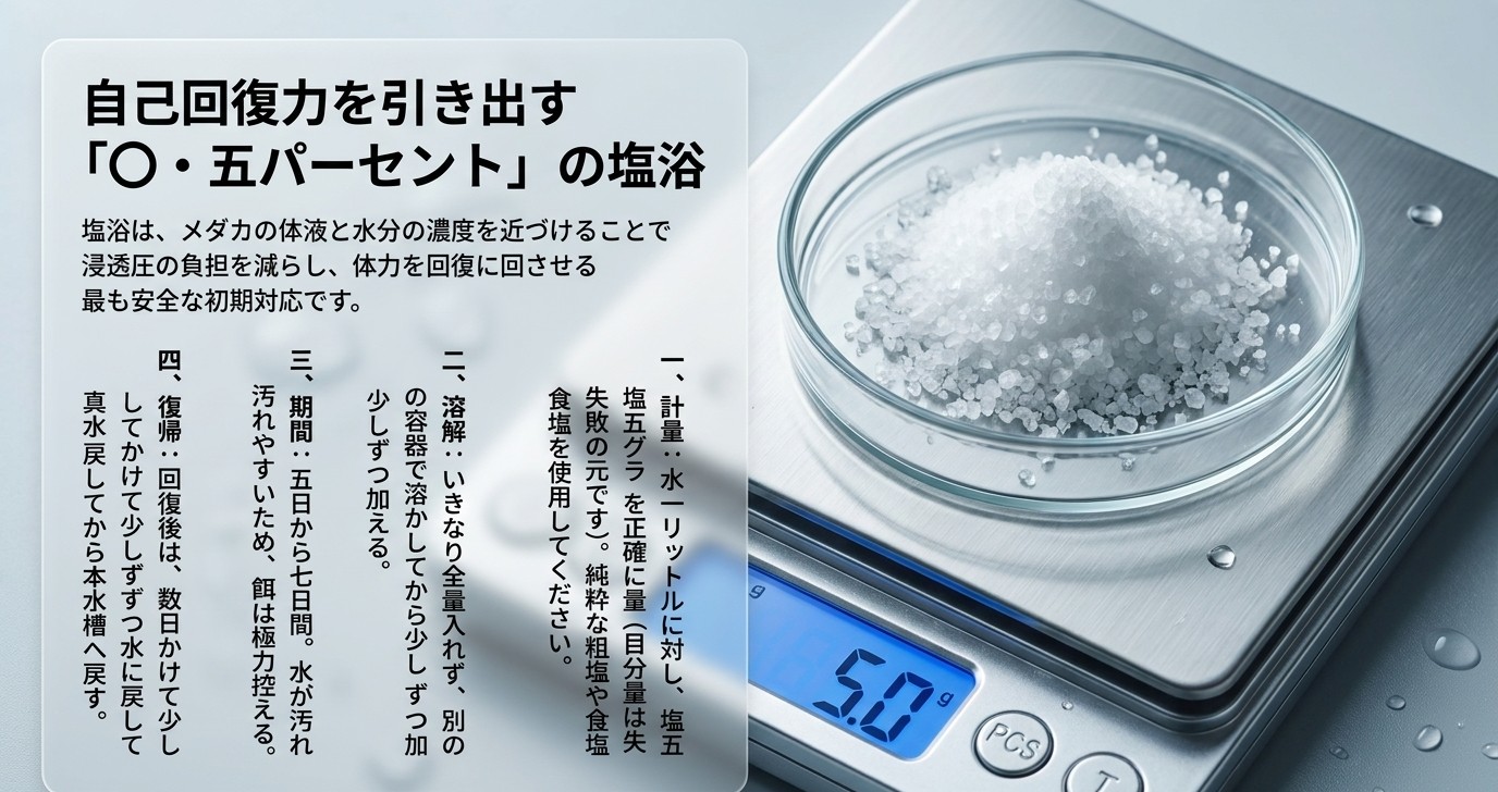 水1リットルに塩5グラムの0.5パーセント塩浴をスケールで計量する様子を示す図