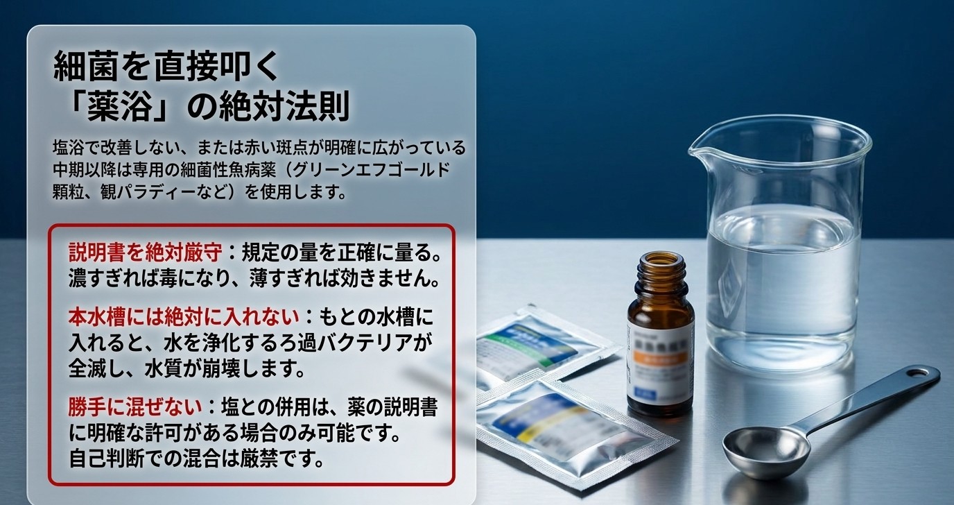 隔離容器で添付文書どおりに薬浴を行う手順と注意点を示す図